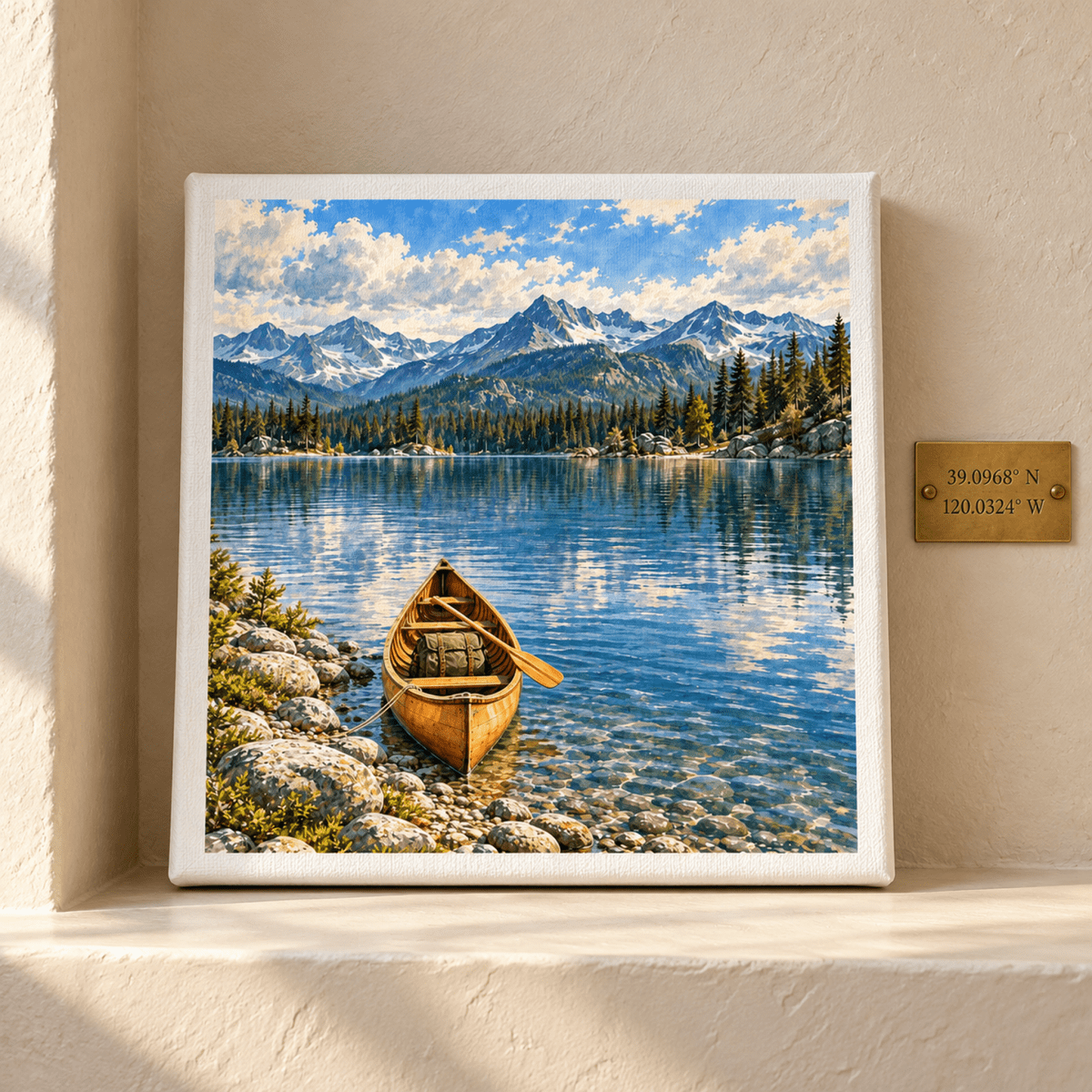 The Lake Ahead Canvas depicts a wooden canoe moored at the rocky shore of a clear lake, with a forest and snow-capped mountains in the distance and a plaque reading “39.0968° N 120.0324° W.”