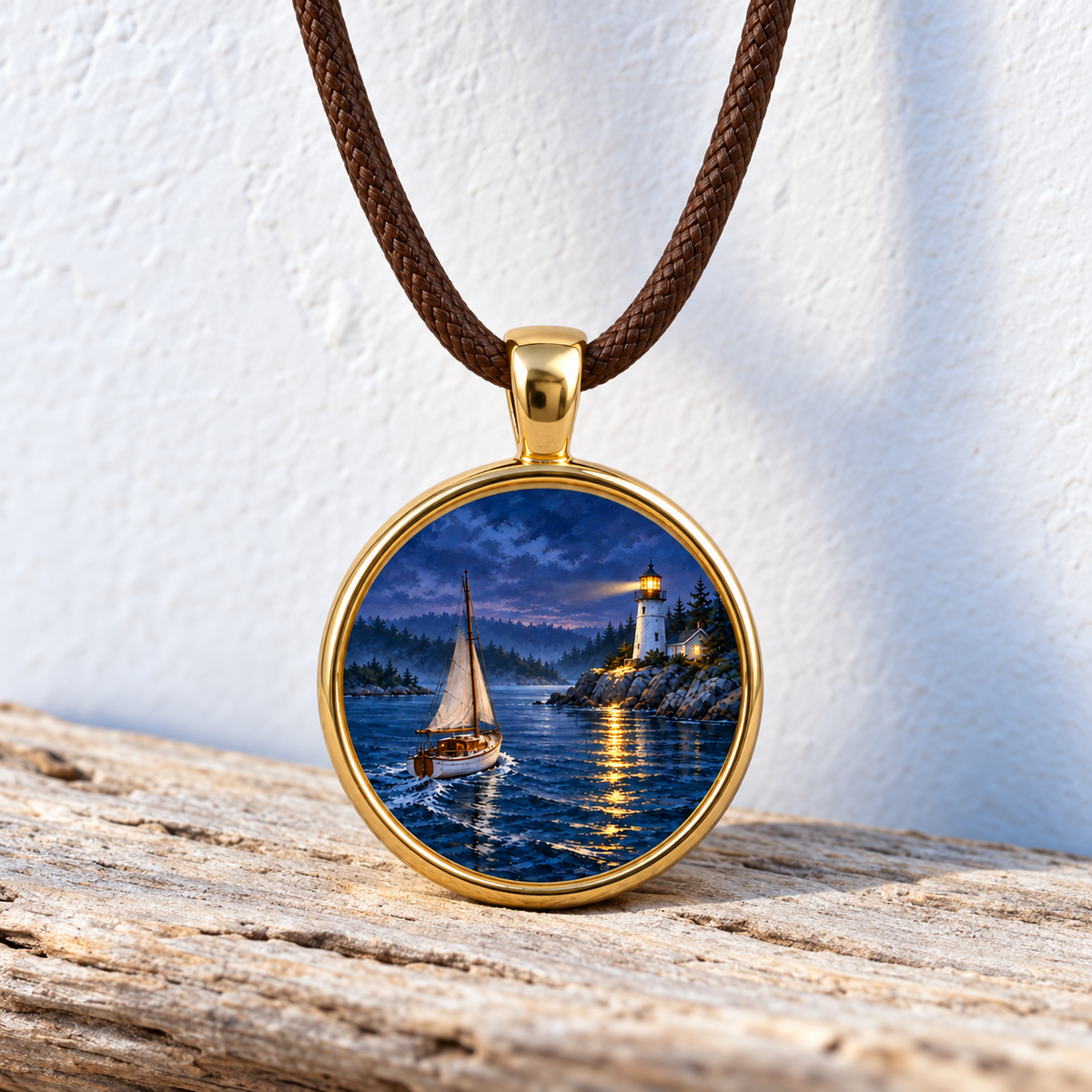 The Light Kept Burning | Story Pendant Necklace features a round gold pendant on a brown cord with a coastal illustration of a sailboat at dusk near a lighthouse.