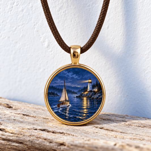 The Light Kept Burning | Story Pendant Necklace features a round gold pendant on a brown cord with a coastal illustration of a sailboat at dusk near a lighthouse.