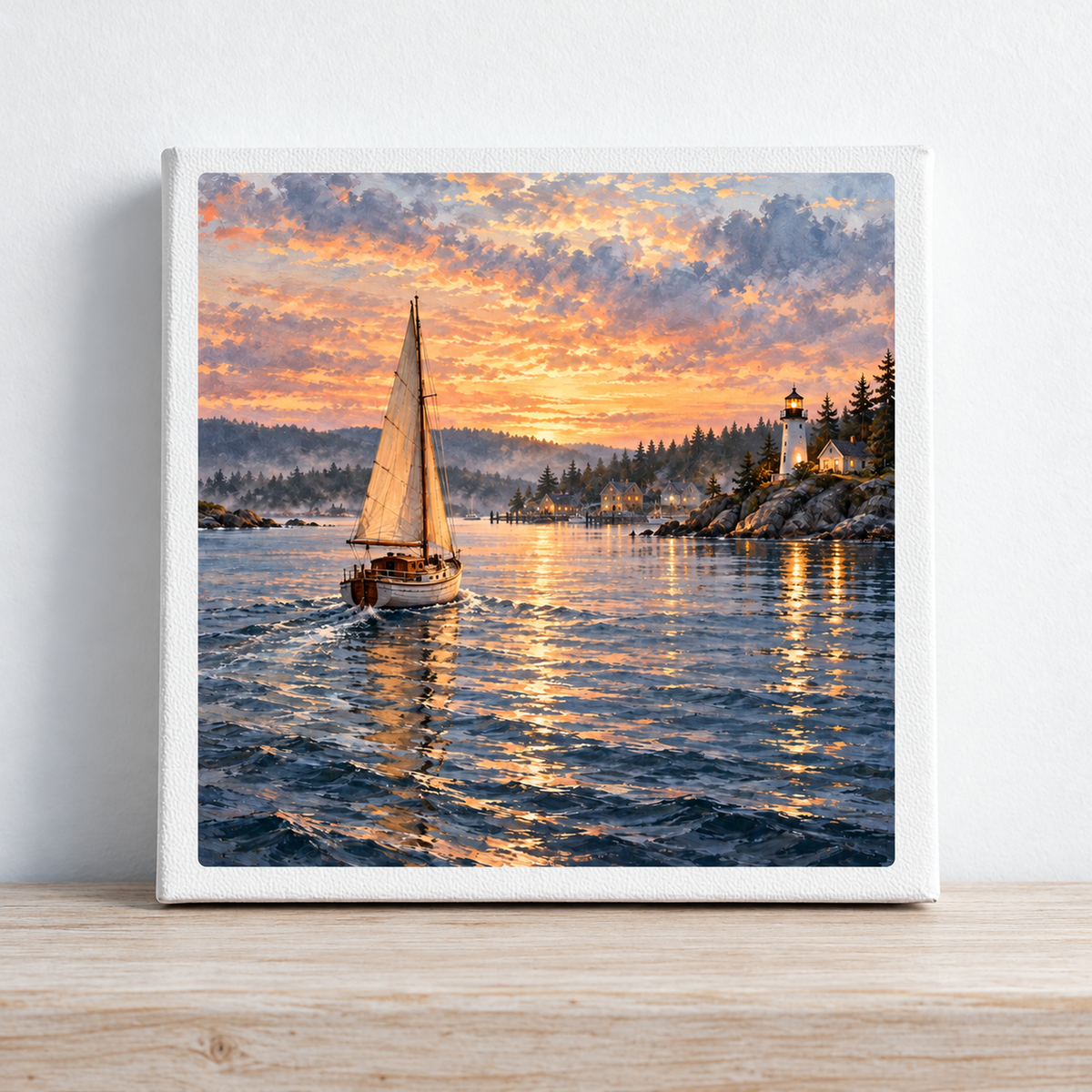 The Long Way Home Canvas square print depicting a sailboat approaching a harbor with a lighthouse at sunset, perfect for coastal evening artwork from Mirabilia Boutique.