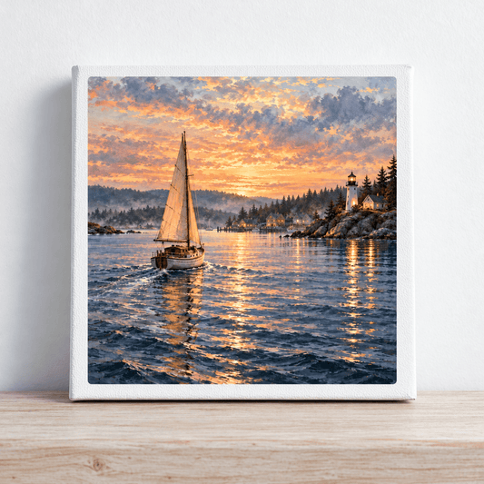 The Long Way Home Canvas square print depicting a sailboat approaching a harbor with a lighthouse at sunset, perfect for coastal evening artwork from Mirabilia Boutique.