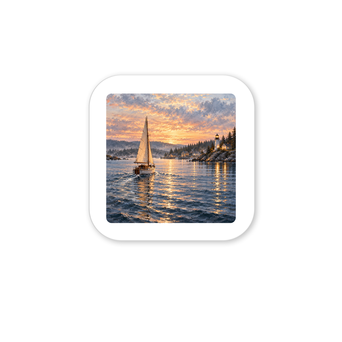 The Long Way Home Magnet is a square decorative hardboard magnet featuring a sailboat on the water near a lighthouse at sunset.