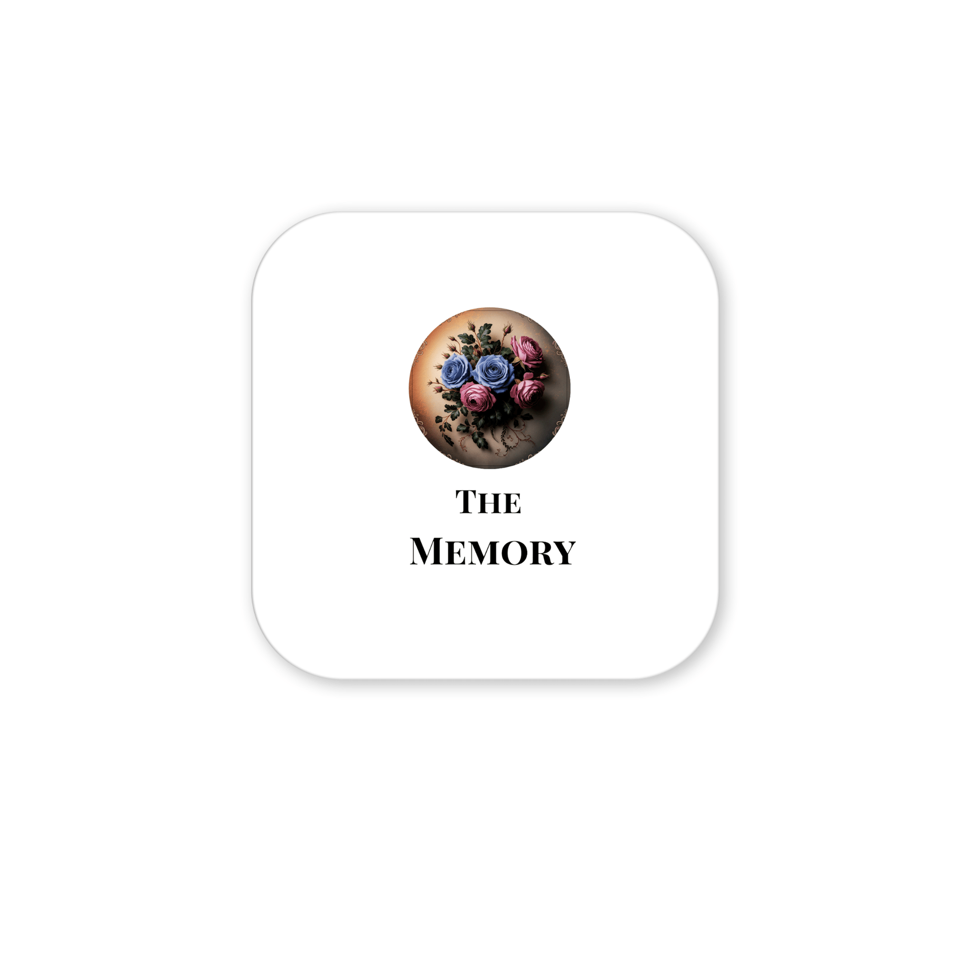 The Memory | Dead Regency Magnet by Mirabilia Boutique features a bouquet of purple, pink, and blue flowers with "THE MEMORY" in bold black text on a rounded white background—ideal for minimal gothic floral decor.