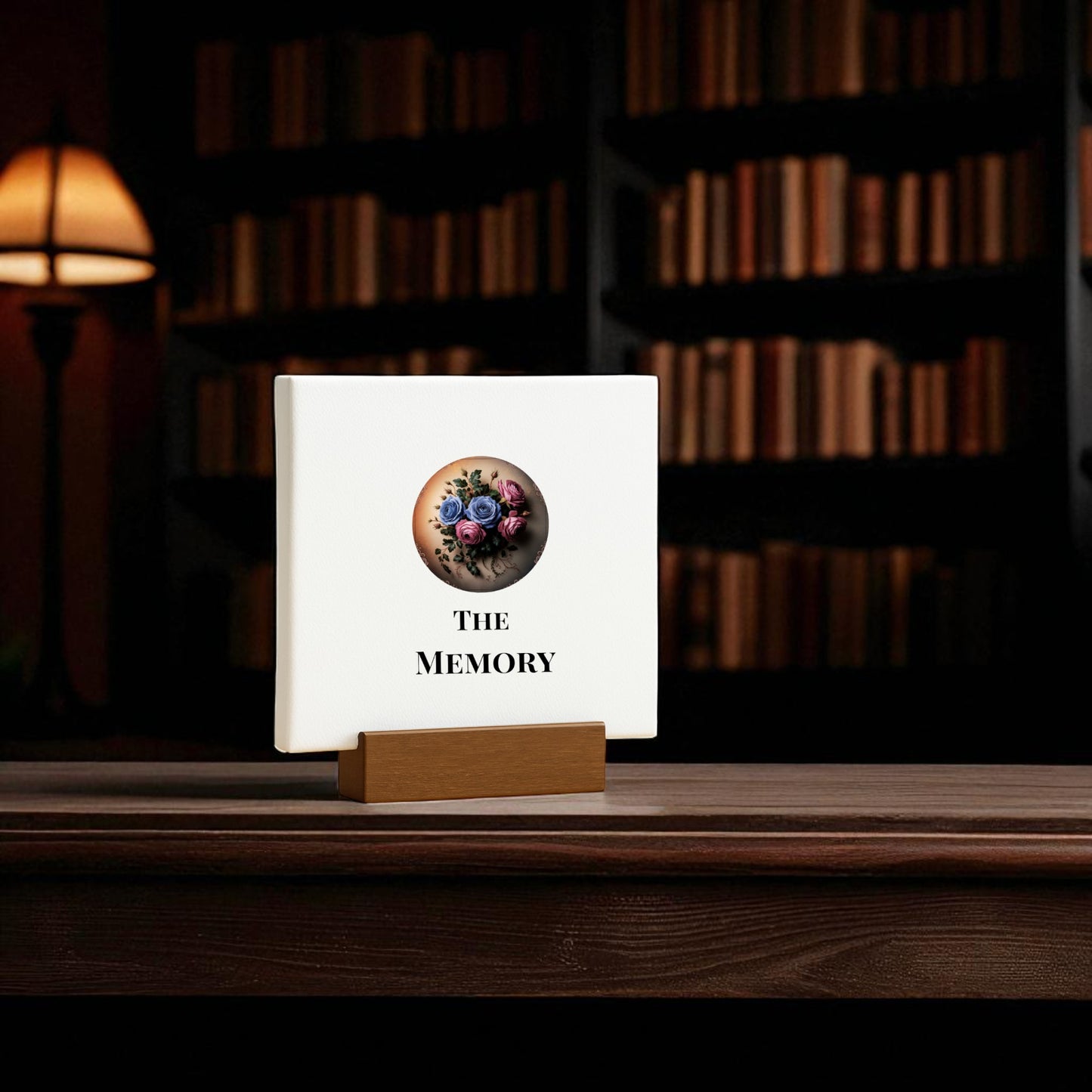 The Mini Gothic Sign | The Memory | Dead Regency Floral by Mirabilia Boutique features colorful flowers above "THE MEMORY," making a thoughtful remembrance gift, displayed on a wooden stand.