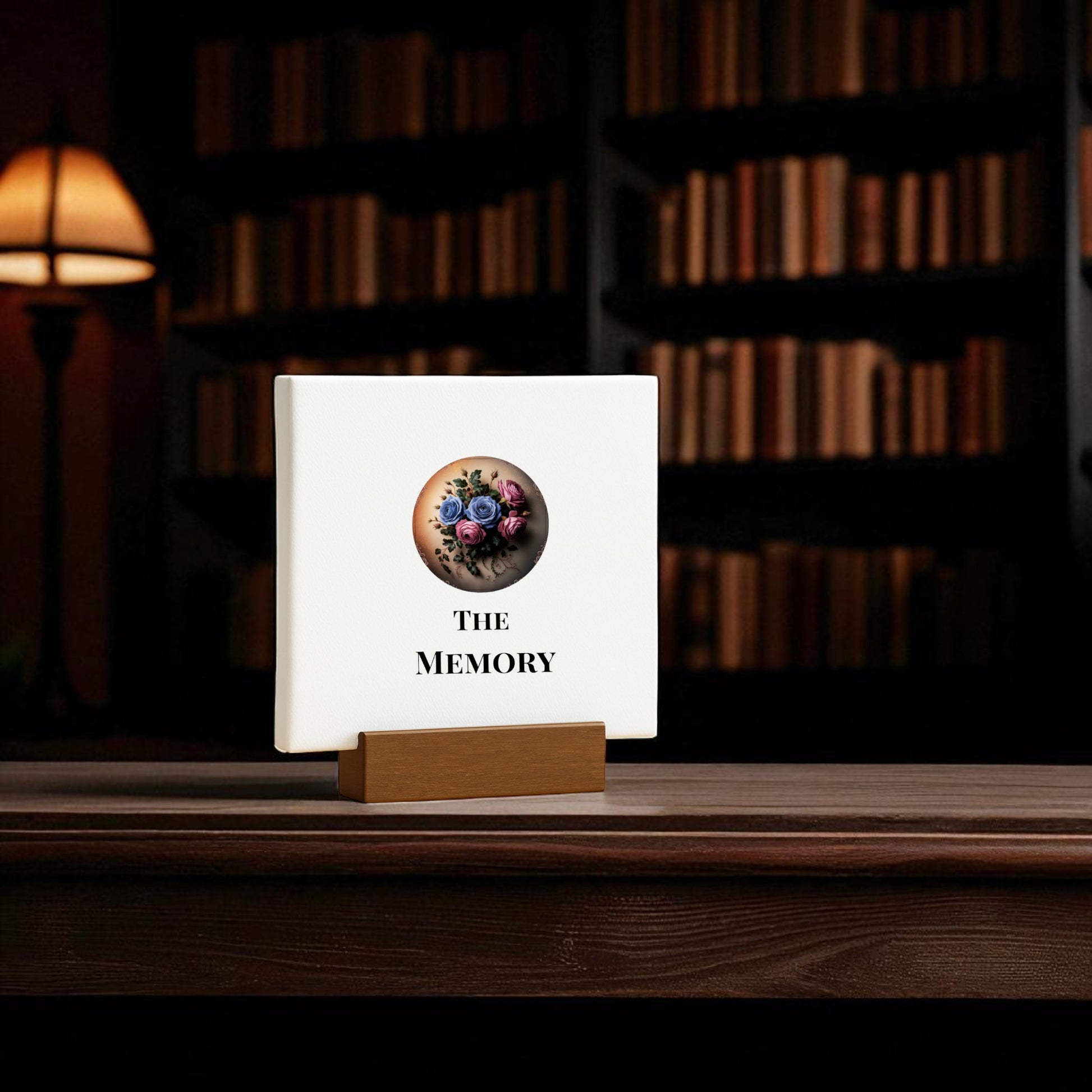 The Mini Gothic Sign | The Memory | Dead Regency Floral by Mirabilia Boutique features colorful flowers above "THE MEMORY," making a thoughtful remembrance gift, displayed on a wooden stand.