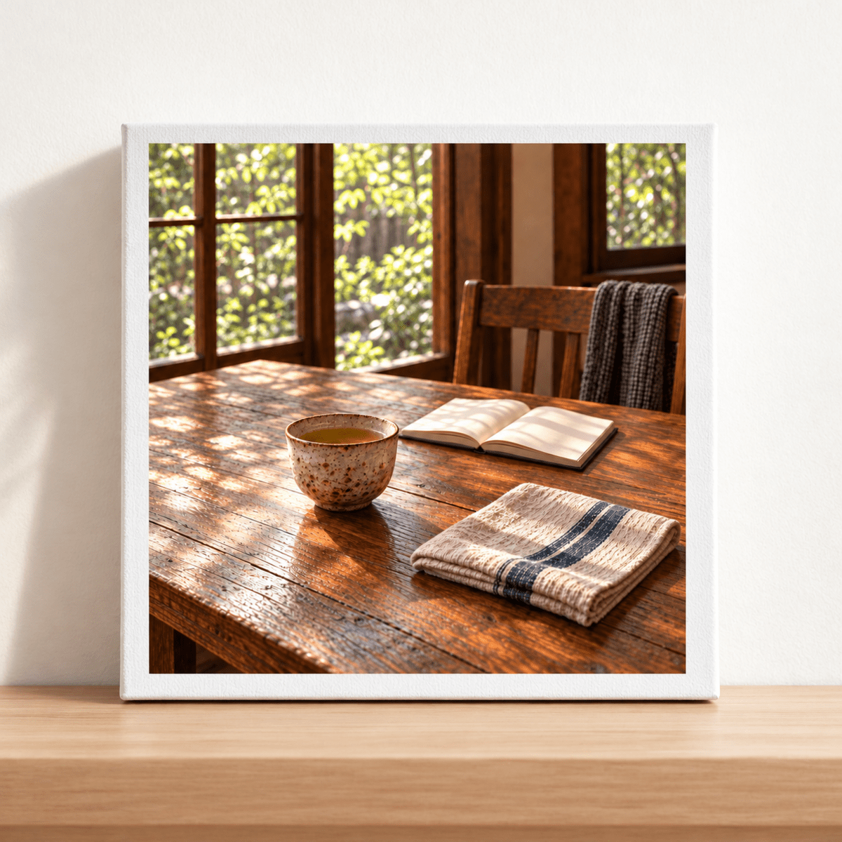 The Morning Table Canvas by Mirabilia Boutique features a framed print on a wooden shelf of a speckled mug of tea, an open book, and a folded napkin on a sunlit wooden table, capturing the quiet warmth of morning light.