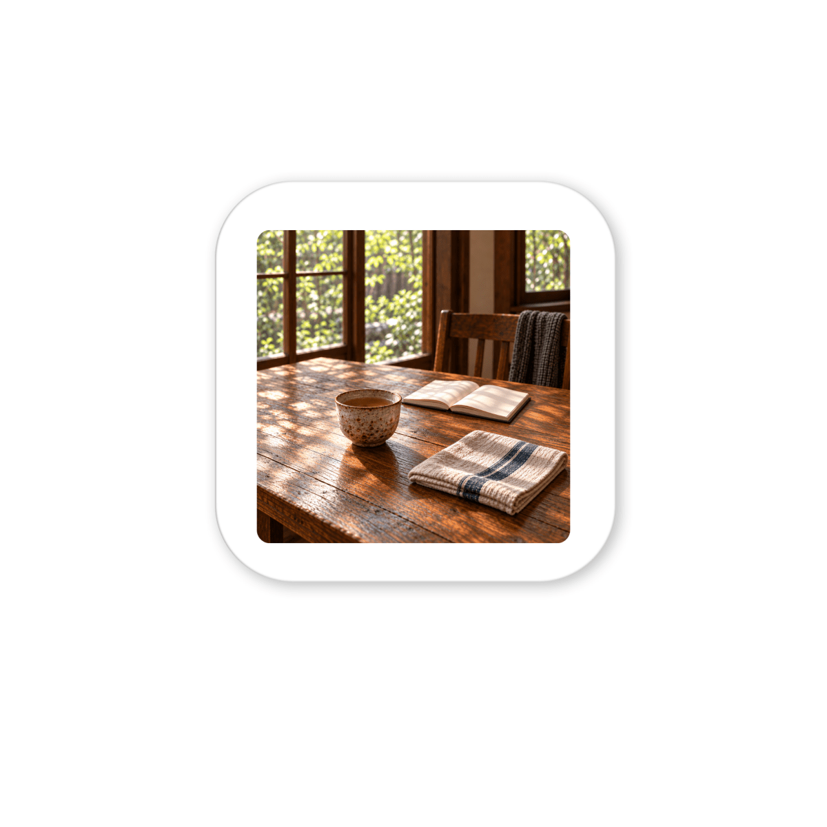 The Morning Table Decorative Magnet featuring a square ceramic design of a wooden table set with a mug, an open notebook, and a striped cloth napkin.