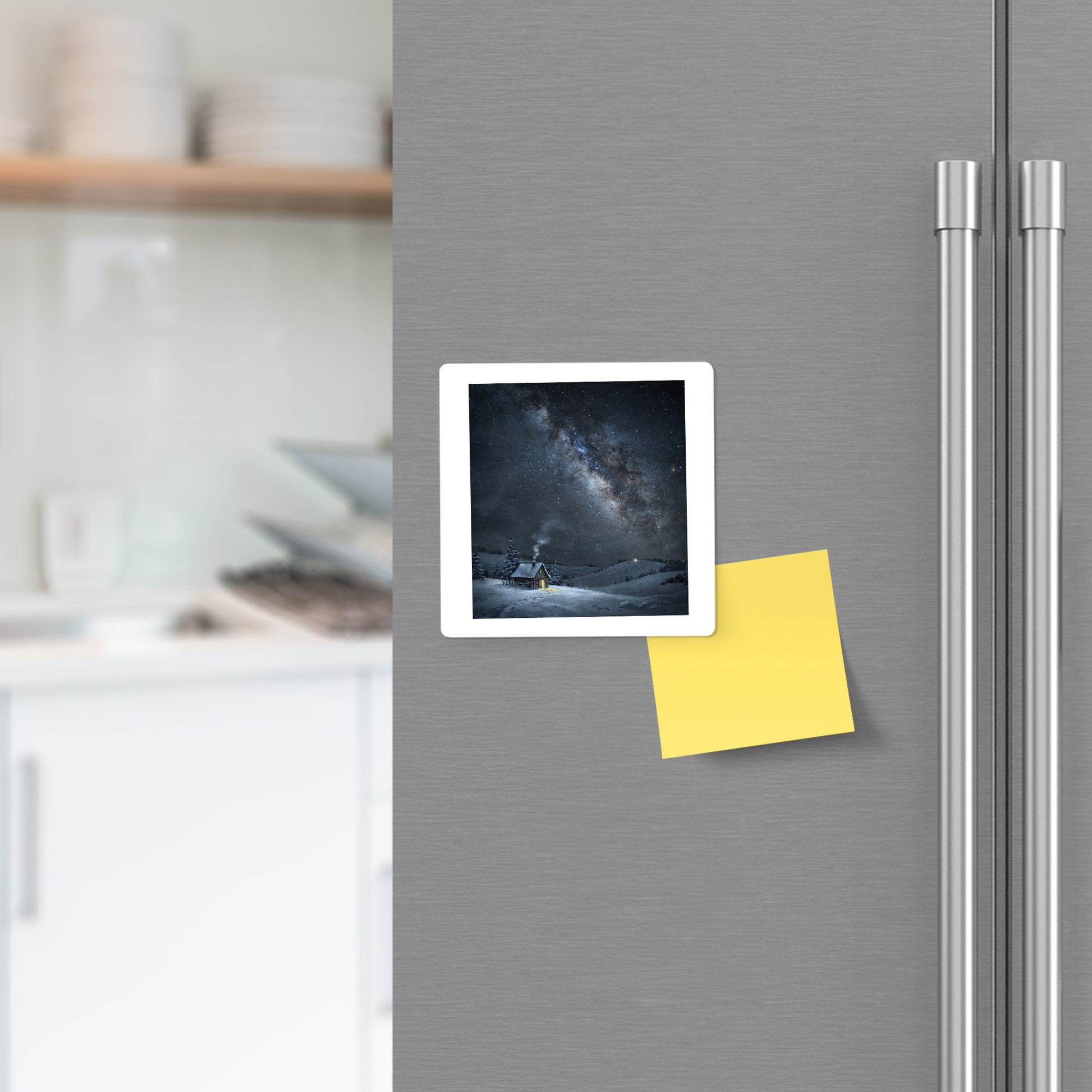 A photo of a snowy landscape and starry sky, along with a yellow sticky note, are attached to a silver refrigerator in a modern kitchen using The Night Is Listening Milky Way Magnet | Celestial Art from Mirabilia Boutique.
