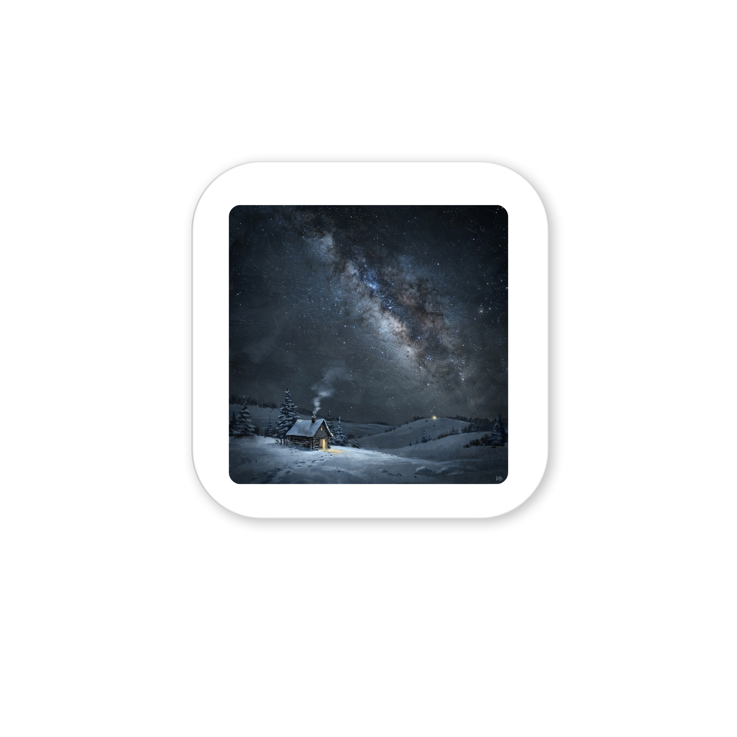 Experience the enchanting beauty of a snowy cabin aglow beneath the Milky Way with The Night Is Listening Milky Way Magnet by Mirabilia Boutique—a celestial art piece that perfectly captures the serene magic of a winter night surrounded by trees and hills.