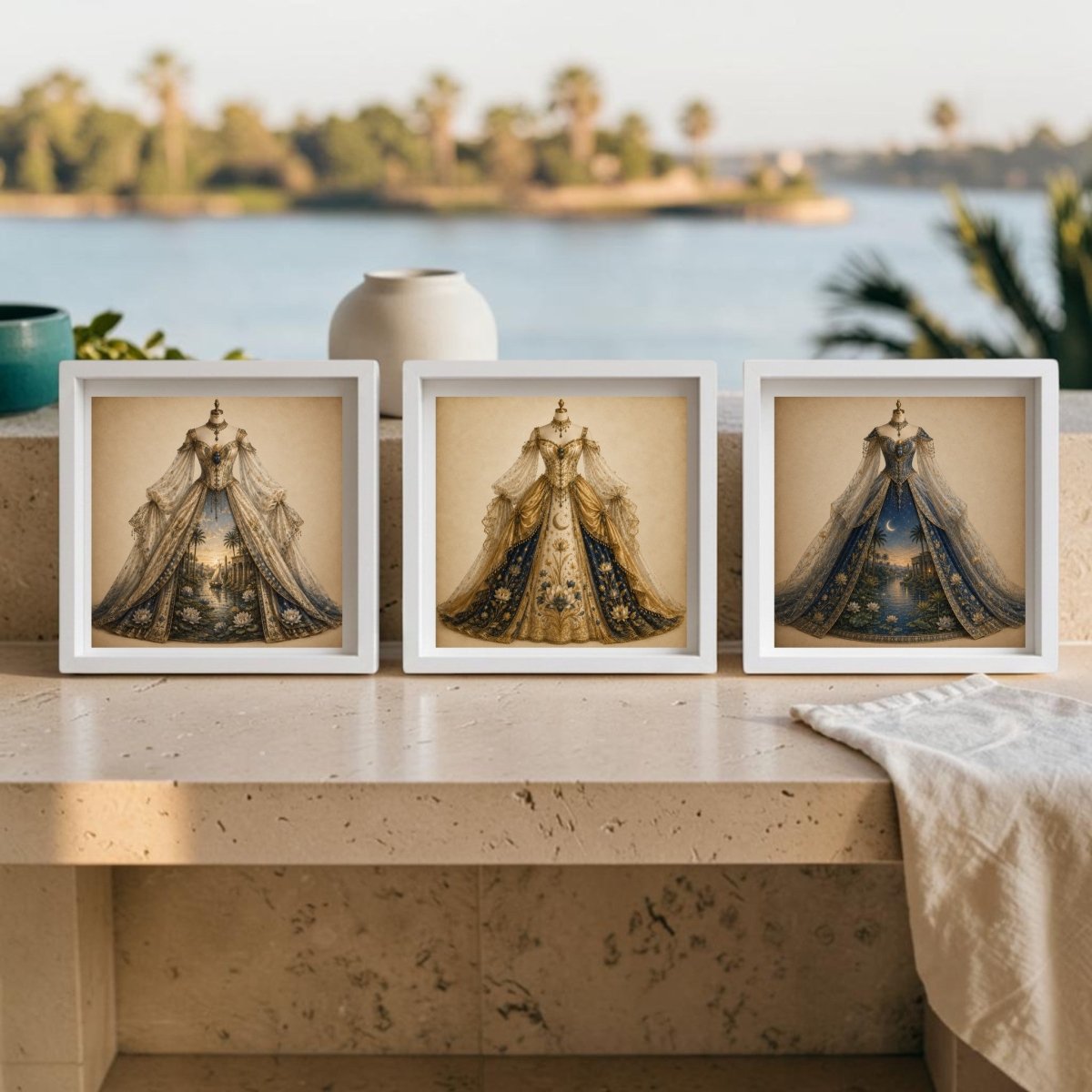 Three framed prints from Mirabilia Boutique’s “The Nile Reverie | Curated Couture Artwork” collection are displayed on a stone ledge outdoors; behind them, a scenic lake and trees appear softly blurred. A white cloth is draped to the right of the frames.