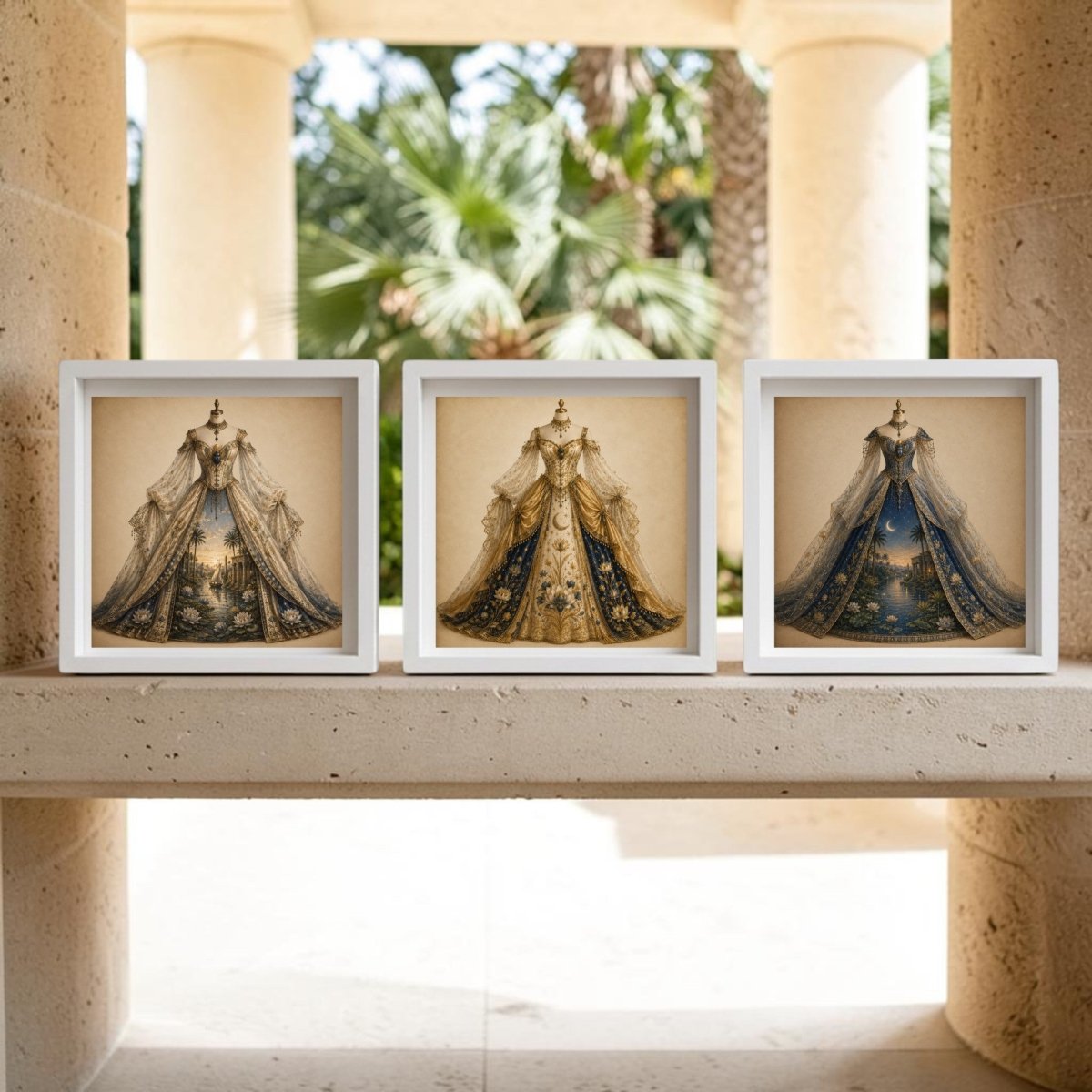 Three framed pieces from Mirabilia Boutique’s *The Nile Reverie | Curated Couture Artwork*—showcasing ornate royal gowns adorned with gold and blue accents—are displayed on a stone ledge, while blurred palm trees and stone columns create an elegant outdoor backdrop.