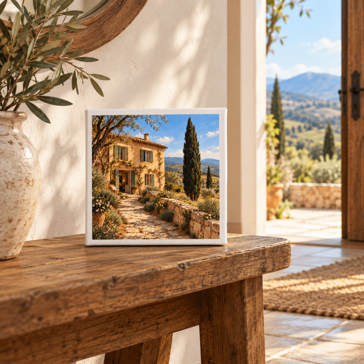 Square canvas print of The Path Home Tuscan Canvas Art | Ochre & Cypress, featuring a stone path, displayed on a wooden bench.