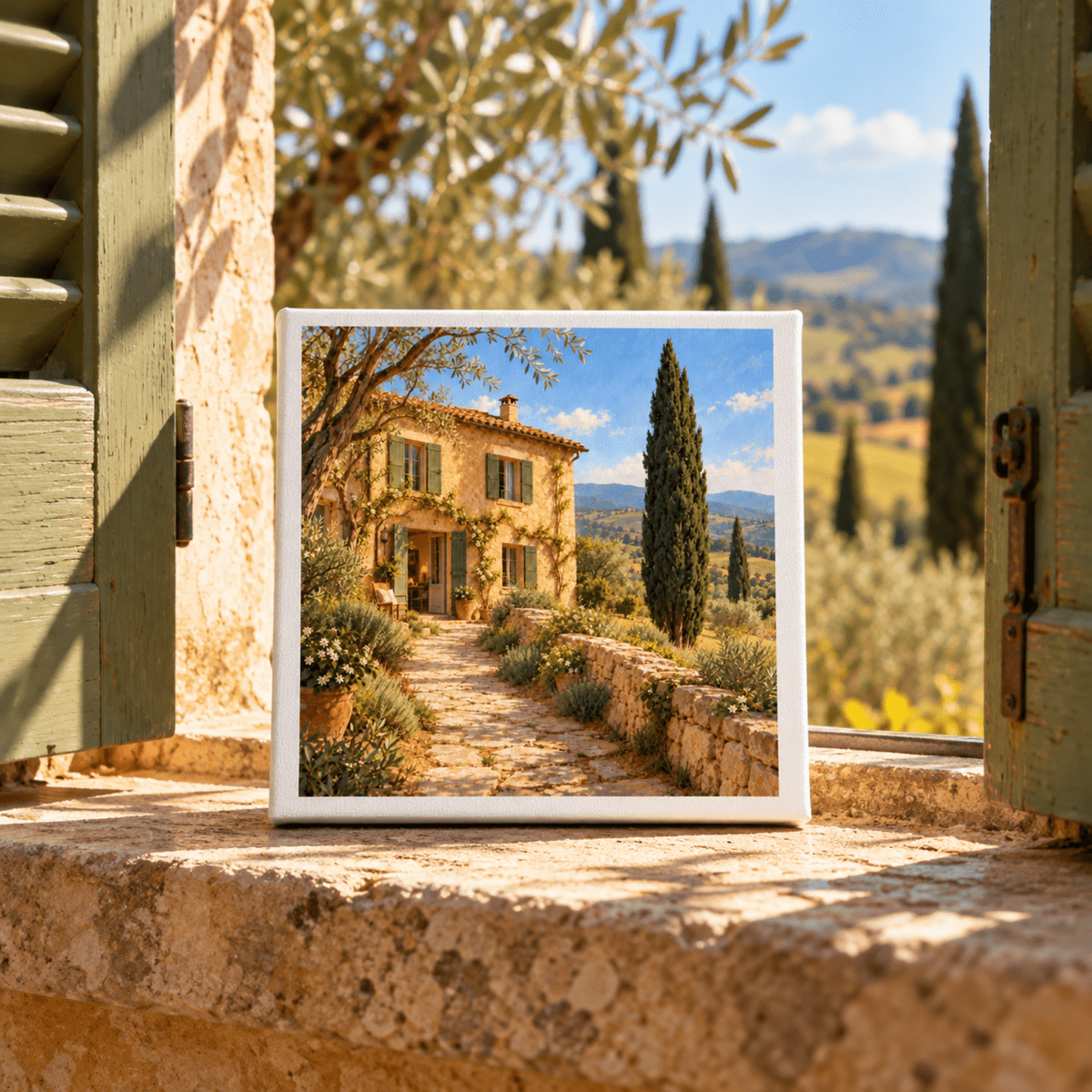 The Path Home Tuscan Canvas Art | Ochre & Cypress displayed on a rustic stone windowsill, showing a Tuscan country house and stone pathway that mirror the Mediterranean landscape visible in the background.