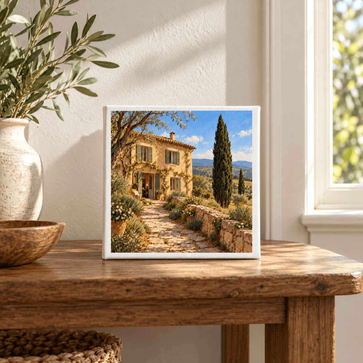 The Path Home Tuscan Canvas Art | Ochre & Cypress shows a Tuscan country house at the end of a stone path, framed by a cypress tree and olive branches.