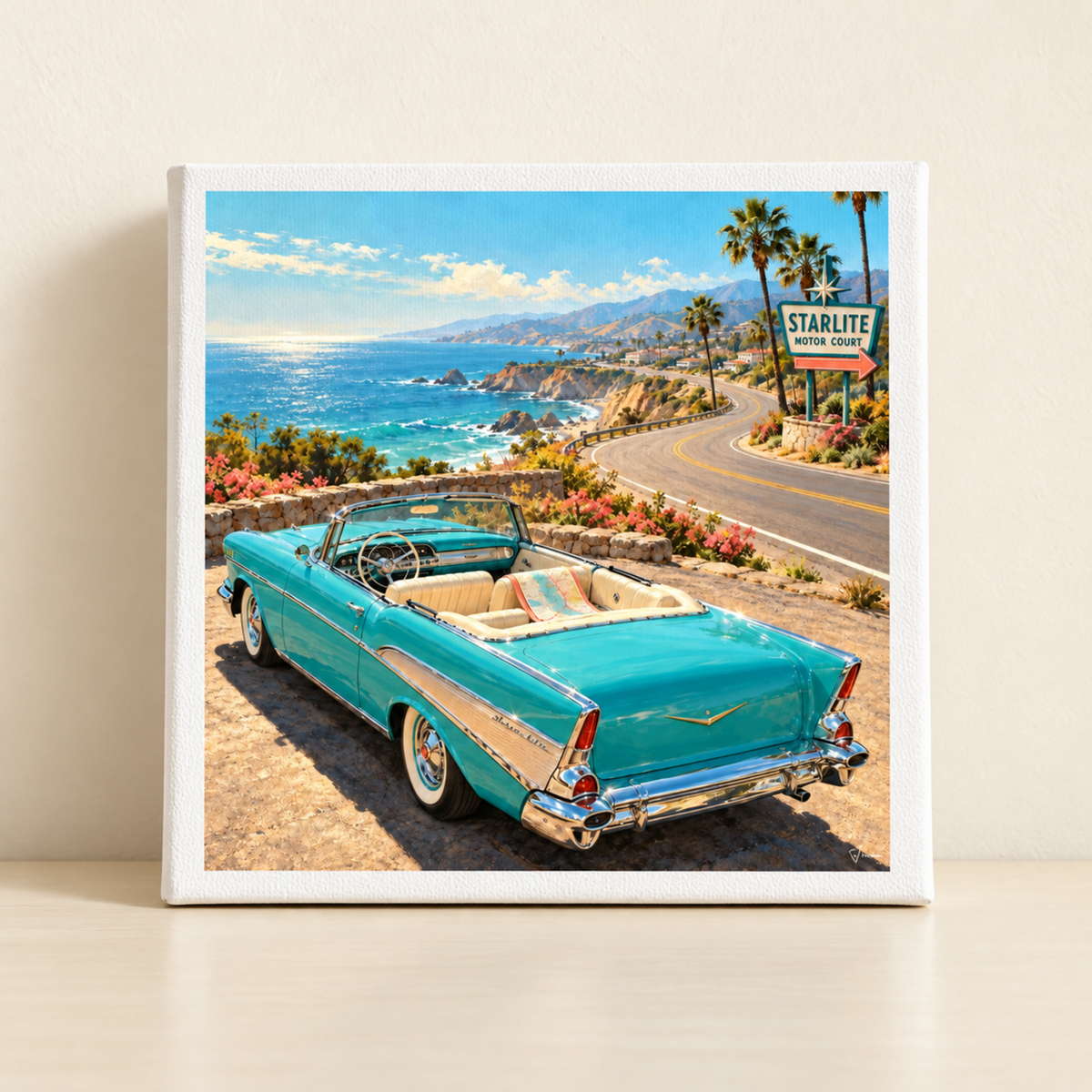 The Road Opens Canvas | Chrome & Starlight print of a turquoise vintage convertible parked on a coastal cliff road next to a Starlight Motor Court sign.