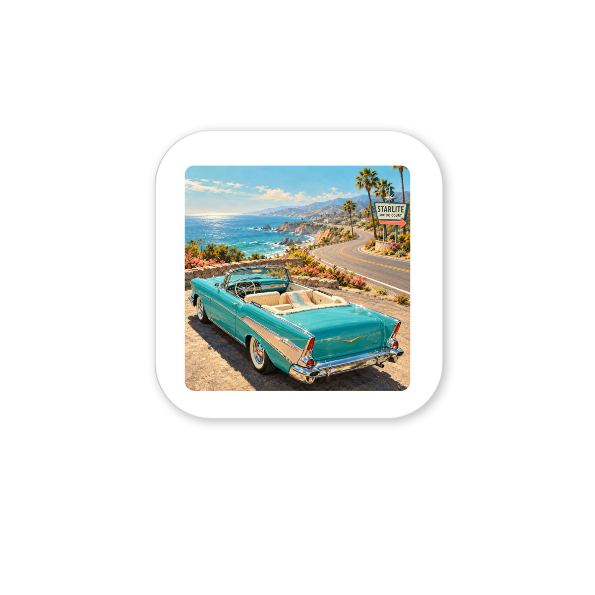 The Road Opens Magnet | Chrome & Starlight is a square magnet featuring a vintage teal convertible parked overlooking a coastal highway with a sign reading “Starlite Motor Court,” perfect as scenic road trip decor.