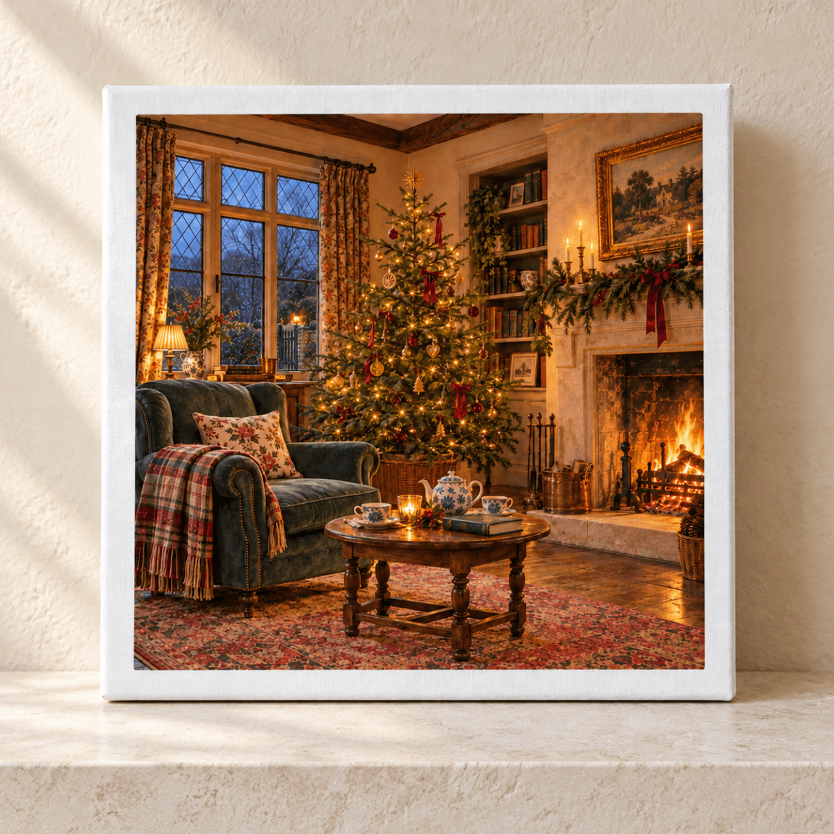 The Room Is Ready Canvas by Mirabilia Boutique features a cozy living room with a lit Christmas tree, a roaring fireplace, and a green armchair next to a tea set on a wooden table.