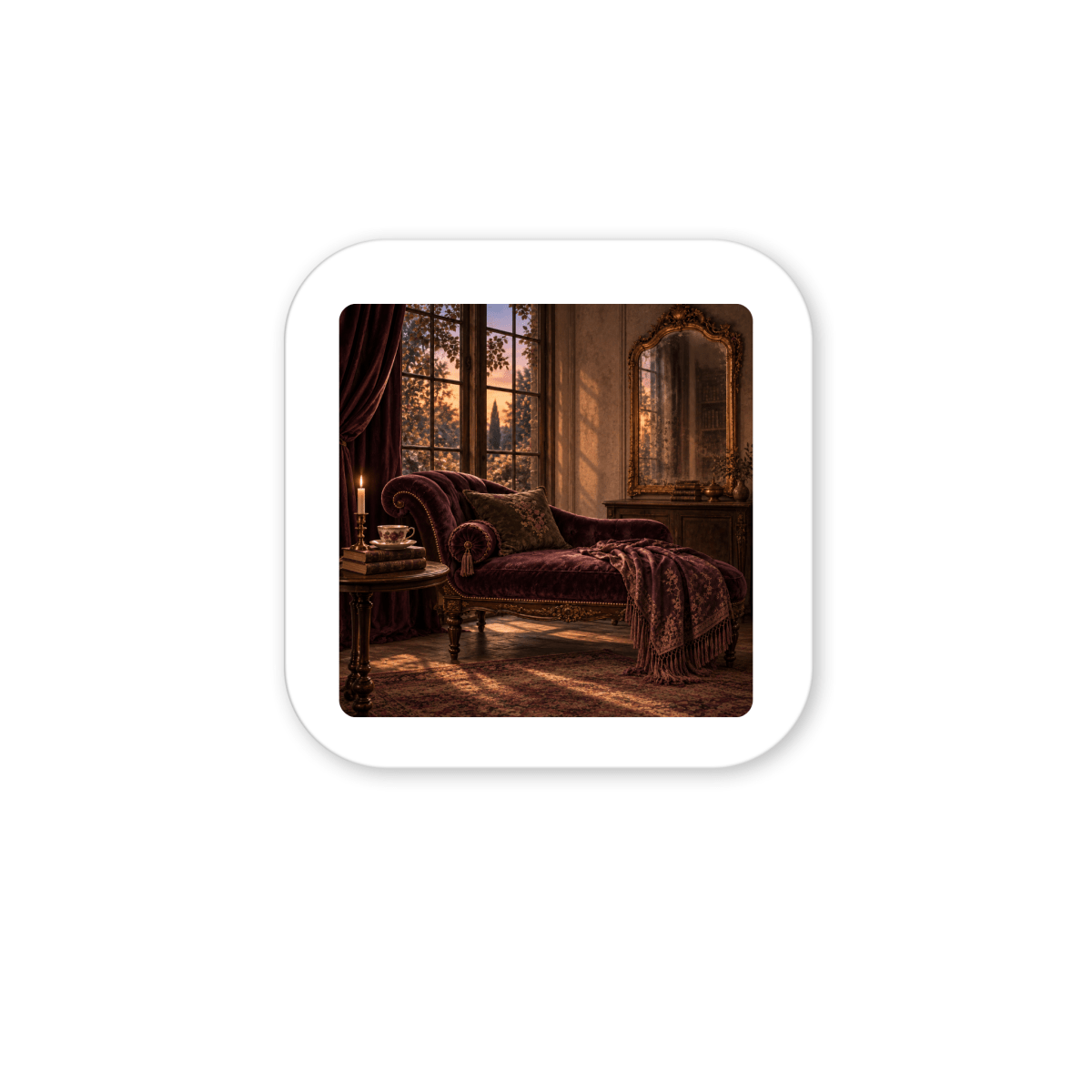 A vintage chaise lounge draped with a blanket sits by the window at sunset, beside a table and ornate mirror, in a cozy, warmly lit room adorned with rich decor. The Room That Waited Magnet by Mirabilia Boutique—part of the Velvet Ruins collection—makes for an elegant small gift that perfectly complements this inviting atmosphere.