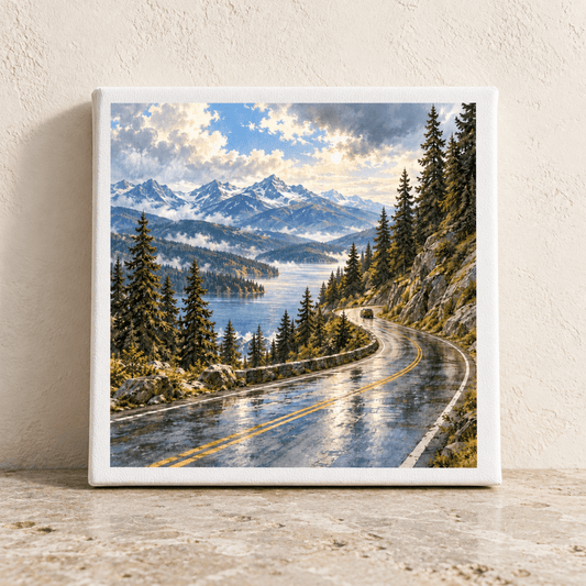 The Scenic Byway Canvas from Mirabilia Boutique features a winding mountain road along a lake, with snow-capped peaks in the distance and a car driving through the landscape.