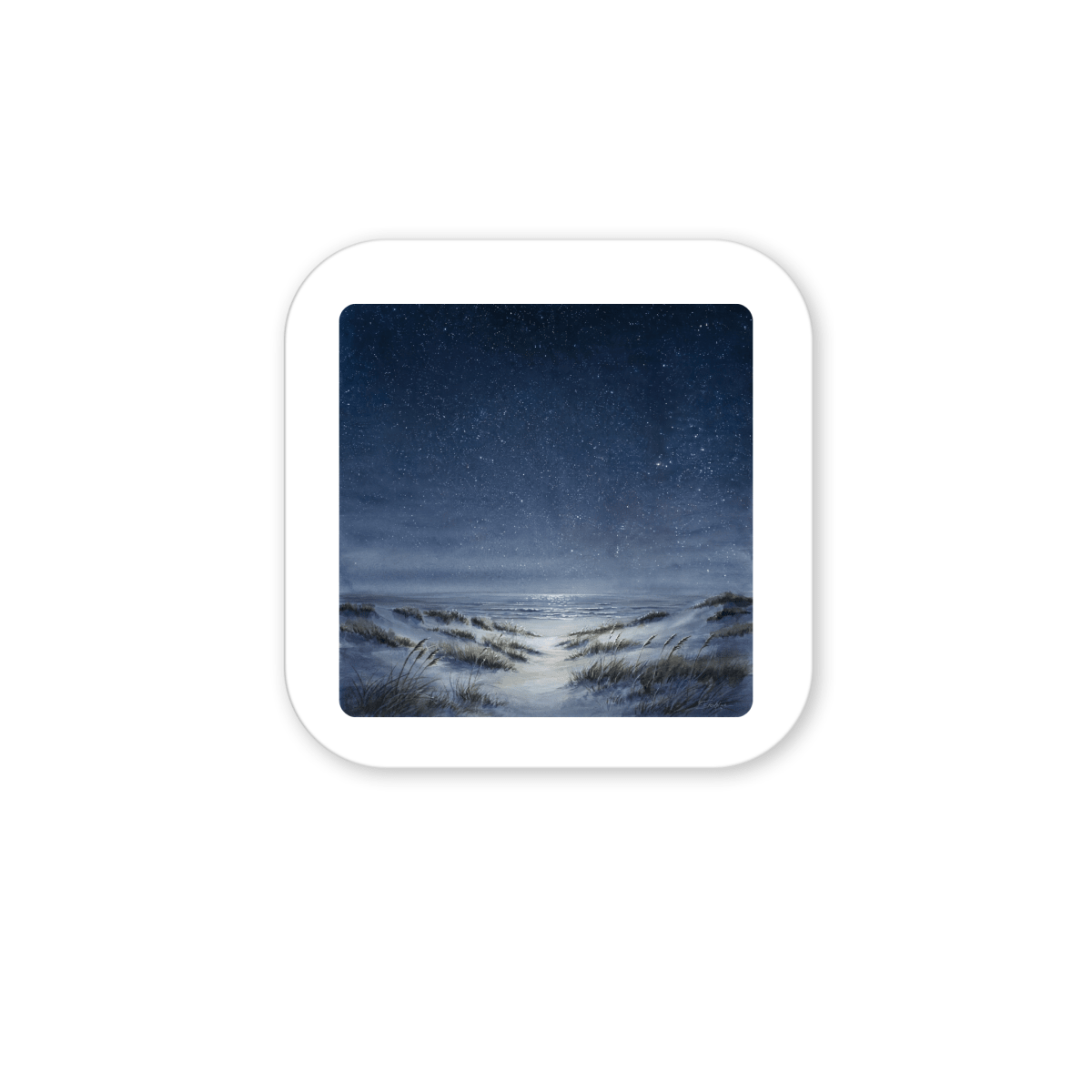 Bring a tranquil coastal vibe to your space with the “The Sea Keeps Its Own Stars” Magnet by Mirabilia Boutique, featuring a starry night sky above a sandy path winding through grassy dunes to the ocean, where gentle moonlight shimmers on the water—an enchanting choice for starlit shore decor or as a charming seaside scene accent.