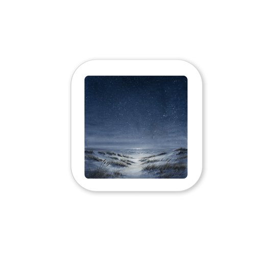 Bring a tranquil coastal vibe to your space with the “The Sea Keeps Its Own Stars” Magnet by Mirabilia Boutique, featuring a starry night sky above a sandy path winding through grassy dunes to the ocean, where gentle moonlight shimmers on the water—an enchanting choice for starlit shore decor or as a charming seaside scene accent.