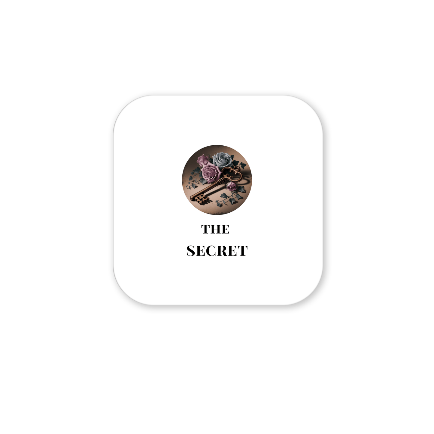 A minimalist white square with rounded corners displays a circular image of a skeleton key magnet and roses above “THE SECRET” in bold black, reflecting Mirabilia Boutique’s Gothic Key Art and Dead Regency Decor.
