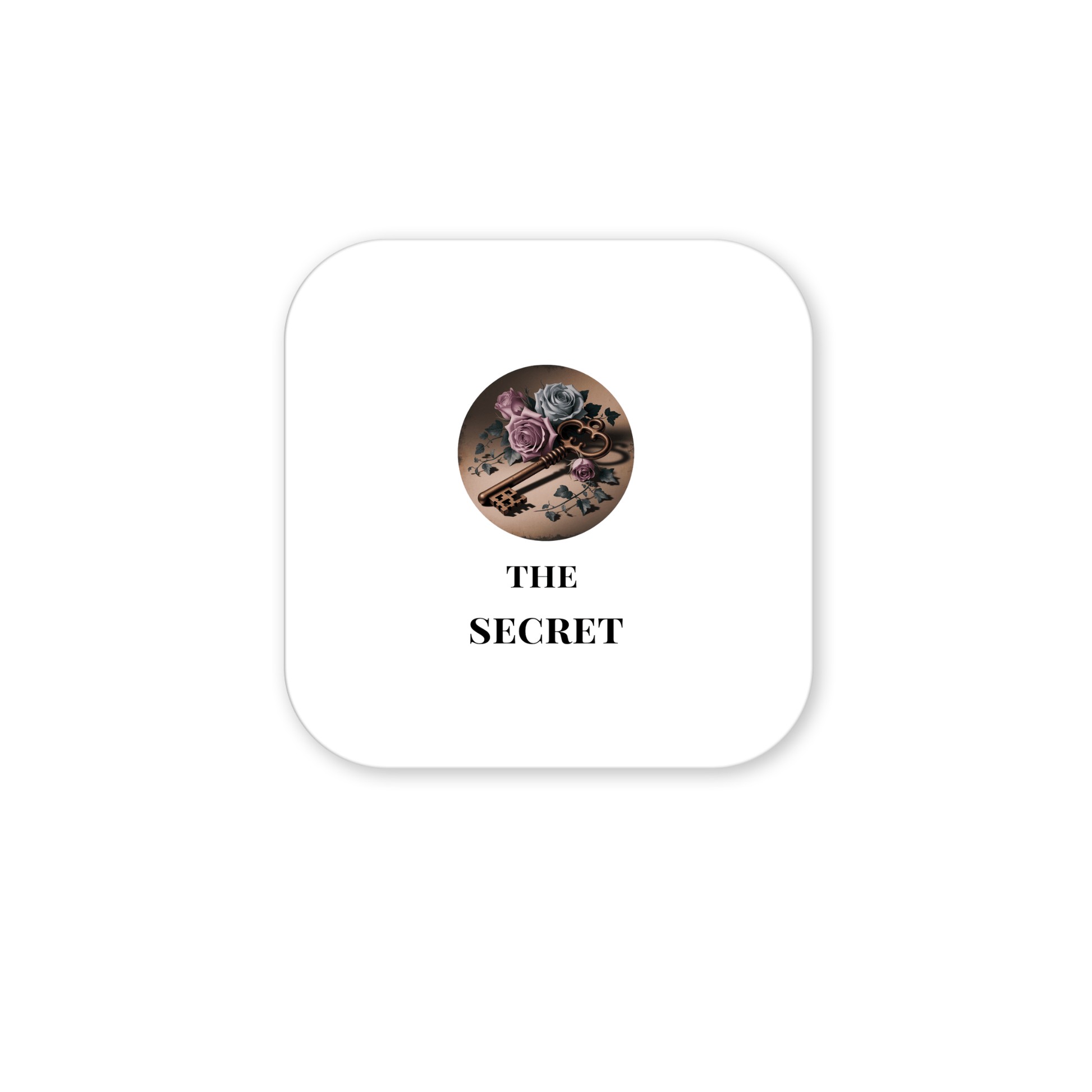 A minimalist white square with rounded corners displays a circular image of a skeleton key magnet and roses above “THE SECRET” in bold black, reflecting Mirabilia Boutique’s Gothic Key Art and Dead Regency Decor.