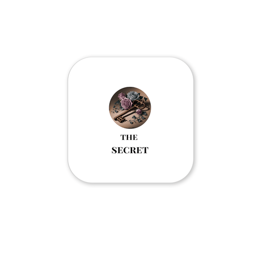 A minimalist white square with rounded corners displays a circular image of a skeleton key magnet and roses above “THE SECRET” in bold black, reflecting Mirabilia Boutique’s Gothic Key Art and Dead Regency Decor.