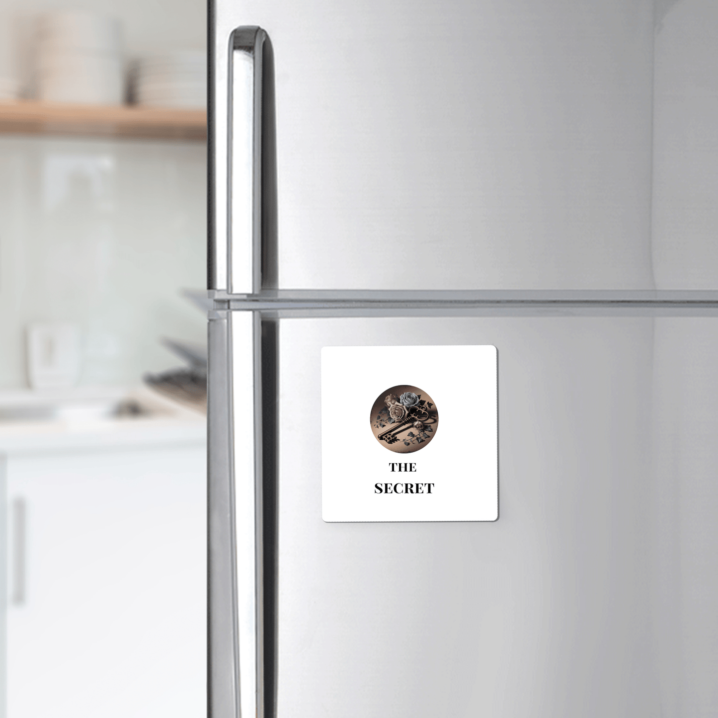A white fridge displays Mirabilia Boutique’s "The Secret Magnet | Gothic Key Art | Dead Regency Decor," which shows a lock and key with "THE SECRET" text. Gothic decor, including shelves and counter, appears in the background.