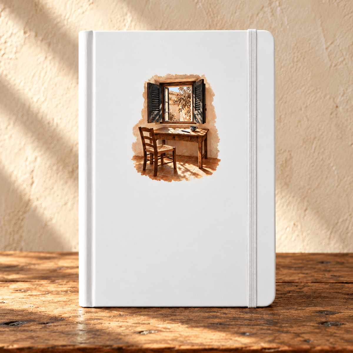 The Shuttered Room Journal is a white A5 journal with an elastic closure, featuring a watercolor illustration of a desk by an open window.