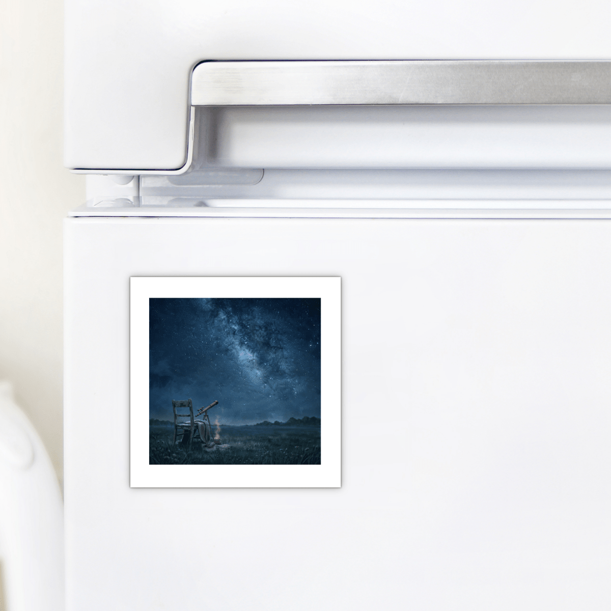 A square refrigerator magnet from Mirabilia Boutique, titled “The Sky Was Worth the Wait,” features a telescope and chair beneath the stunning Milky Way in a starry night sky above a grassy field—a perfect night sky magnet for astronomy lovers.