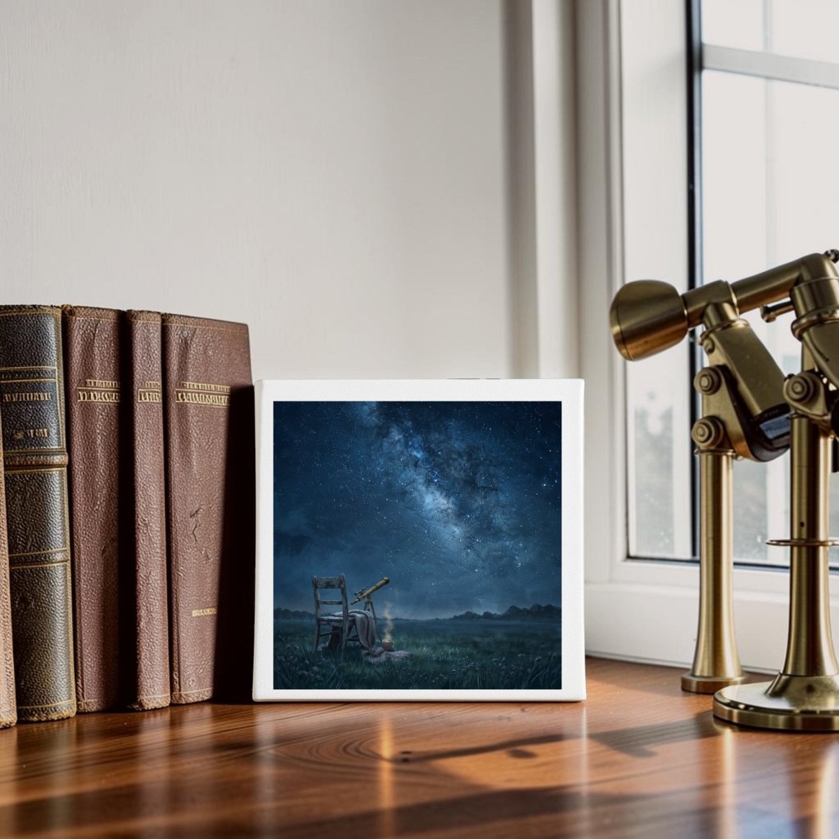An 8x8 canvas titled “The Sky Was Worth the Wait” from Mirabilia Boutique features a telescope beneath a starry sky, displayed on a desk beside vintage books and a brass telescope near a window—perfect Milky Way wall art for anyone who loves astronomy-inspired decor.