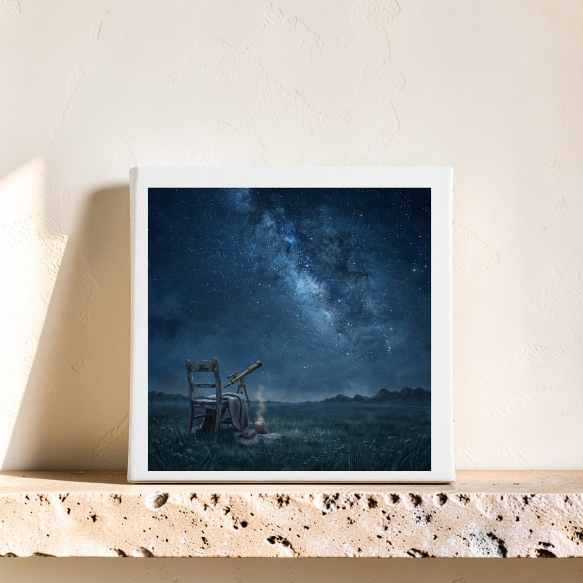 Introducing “The Sky Was Worth the Wait 8x8 Canvas” by Mirabilia Boutique—a captivating canvas print showcasing shimmering stars, the Milky Way, and a telescope with a chair set on grass. Beautifully displayed on a light-colored shelf against a textured wall, this celestial artwork makes an enchanting focal point for any room and is perfect for lovers of night sky décor.