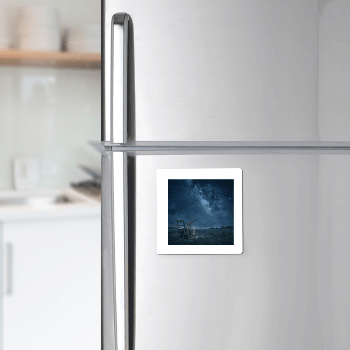 A “The Sky Was Worth the Wait Magnet” by Mirabilia Boutique, featuring a starry night sky scene, is attached to a silver refrigerator in a modern kitchen.
