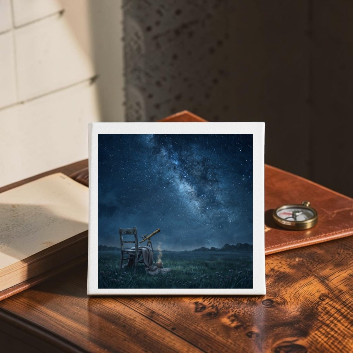 An 8x8 canvas titled “The Sky Was Worth the Wait” from Mirabilia Boutique is displayed on a wooden table beside an open book and a compass, creating the perfect setting for anyone who appreciates Milky Way wall art or captivating galaxy artwork.