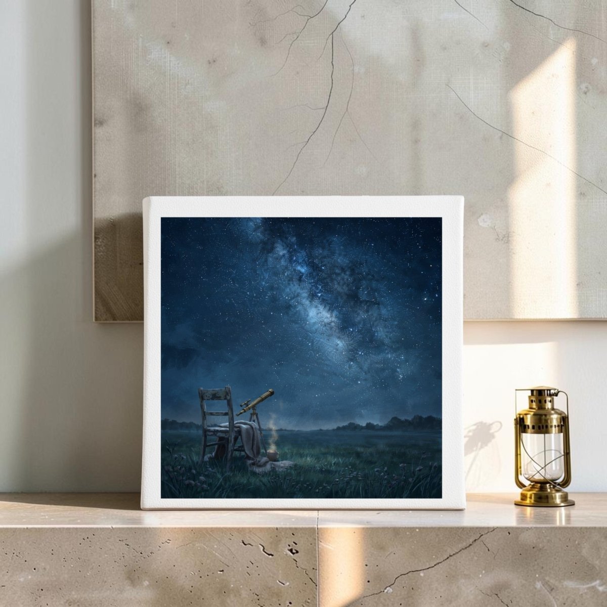An “The Sky Was Worth the Wait” 8x8 canvas from Mirabilia Boutique, featuring a chair and telescope beneath a star-filled sky, sits on a beige shelf next to a small brass lantern—creating an ideal display for Milky Way wall art enthusiasts.