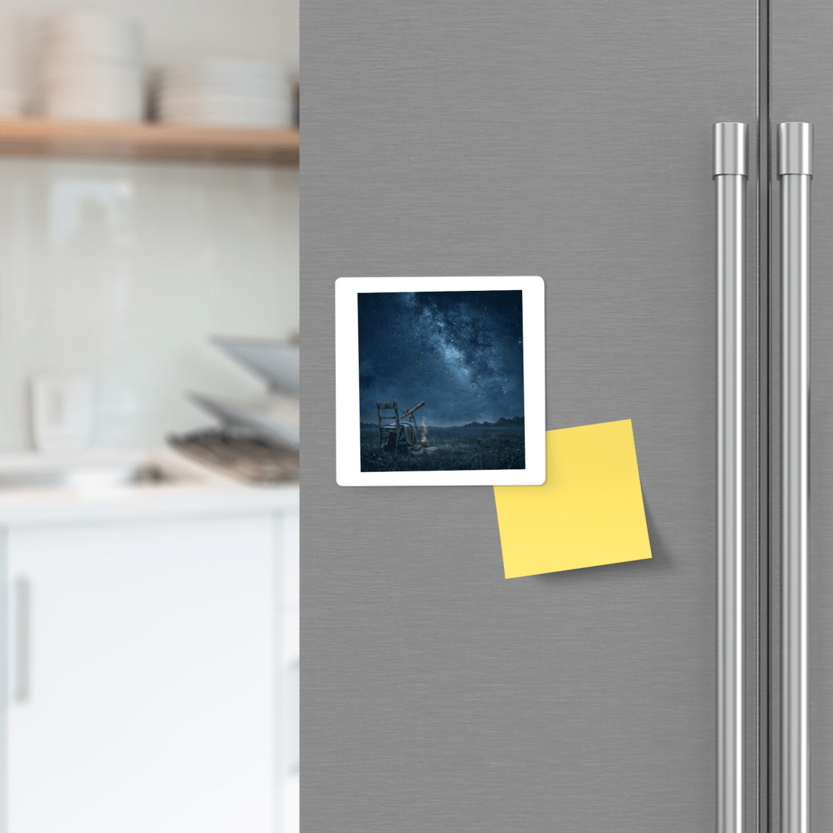 On the refrigerator door, a square photo shows someone using a telescope beneath a star-filled sky, held up by Mirabilia Boutique’s “The Sky Was Worth the Wait” magnet, with a blank yellow sticky note next to it. A softly blurred kitchen forms the background.