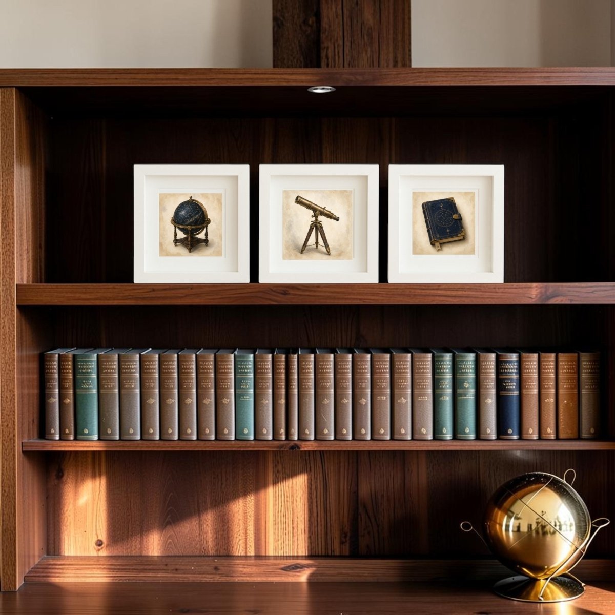 A Mirabilia Boutique “The Stargazer’s Cabinet | Mirabilia Relics” bookshelf, featuring neatly arranged books, three framed scientific instrument prints on the upper shelf, and a gold decorative globe on the bottom right, with sunlight casting shadows across its shelves.