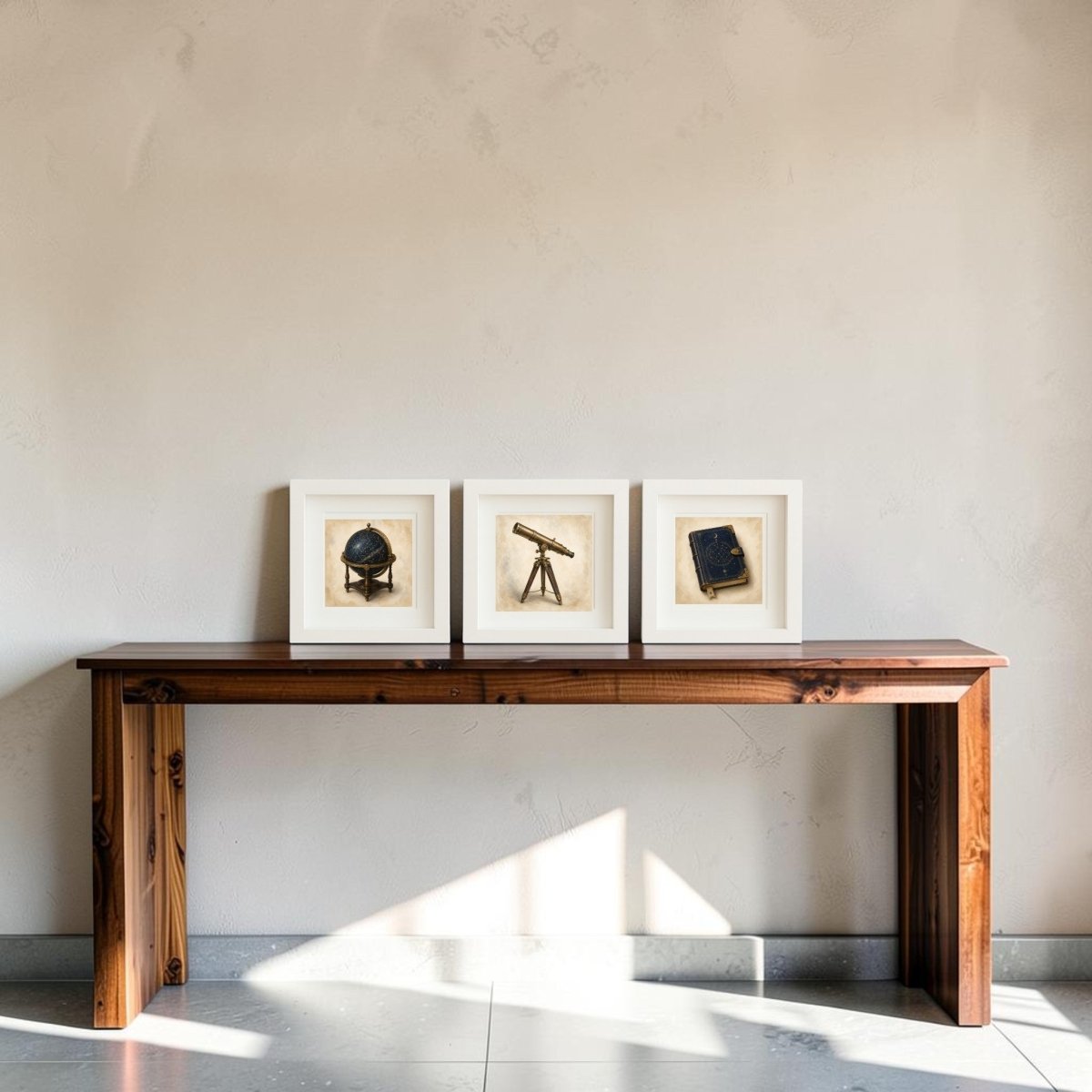 A wooden table against a light wall displays three framed pictures showing a globe, a telescope, and a book. Sunlight casts geometric shadows on the gray floor below.