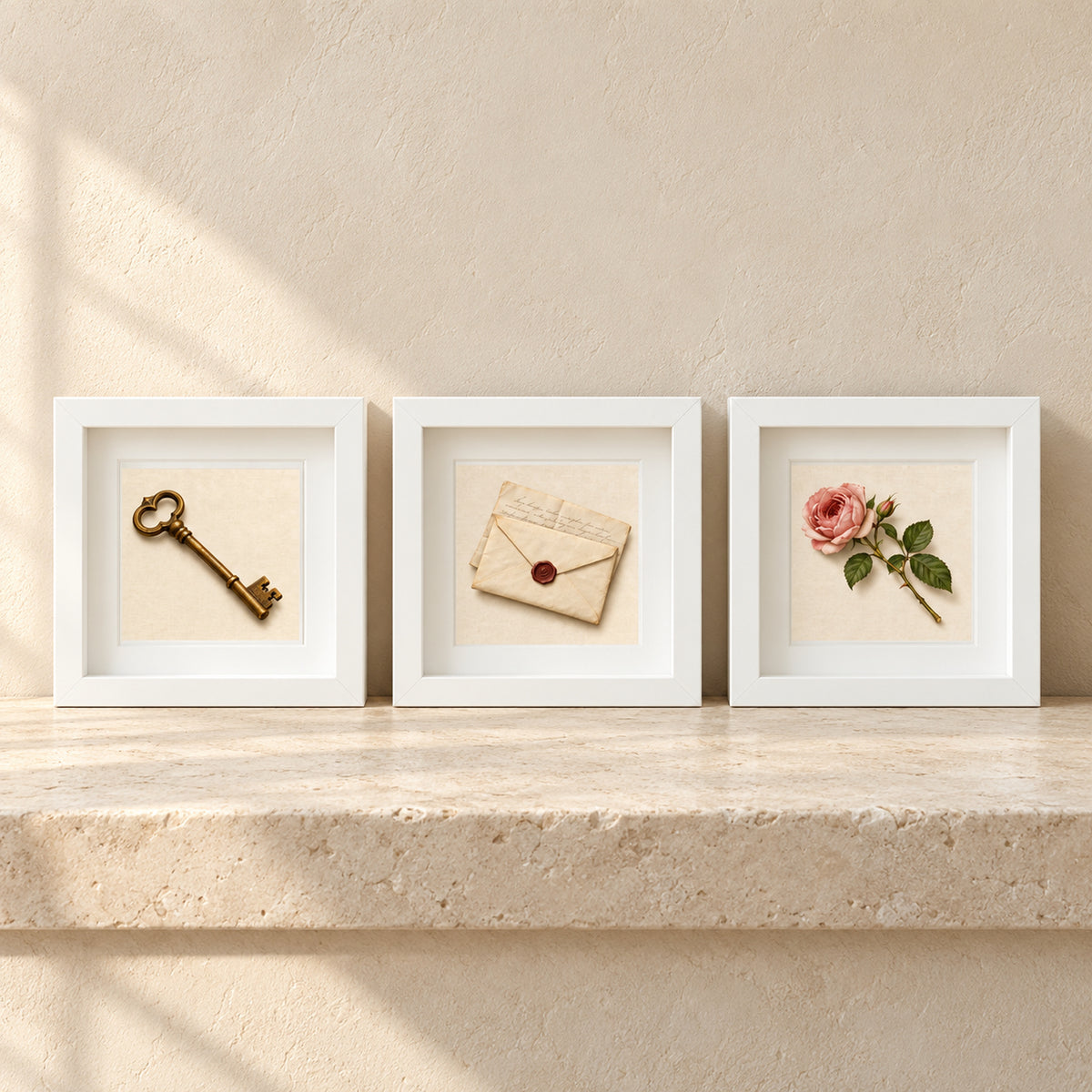 Three white shadowbox frames from The Things We Keep | Mirabilia Relics collection sit on a stone mantel, each containing a vintage key, a sealed envelope, and a single pink rose in a gallery-inspired grouping.