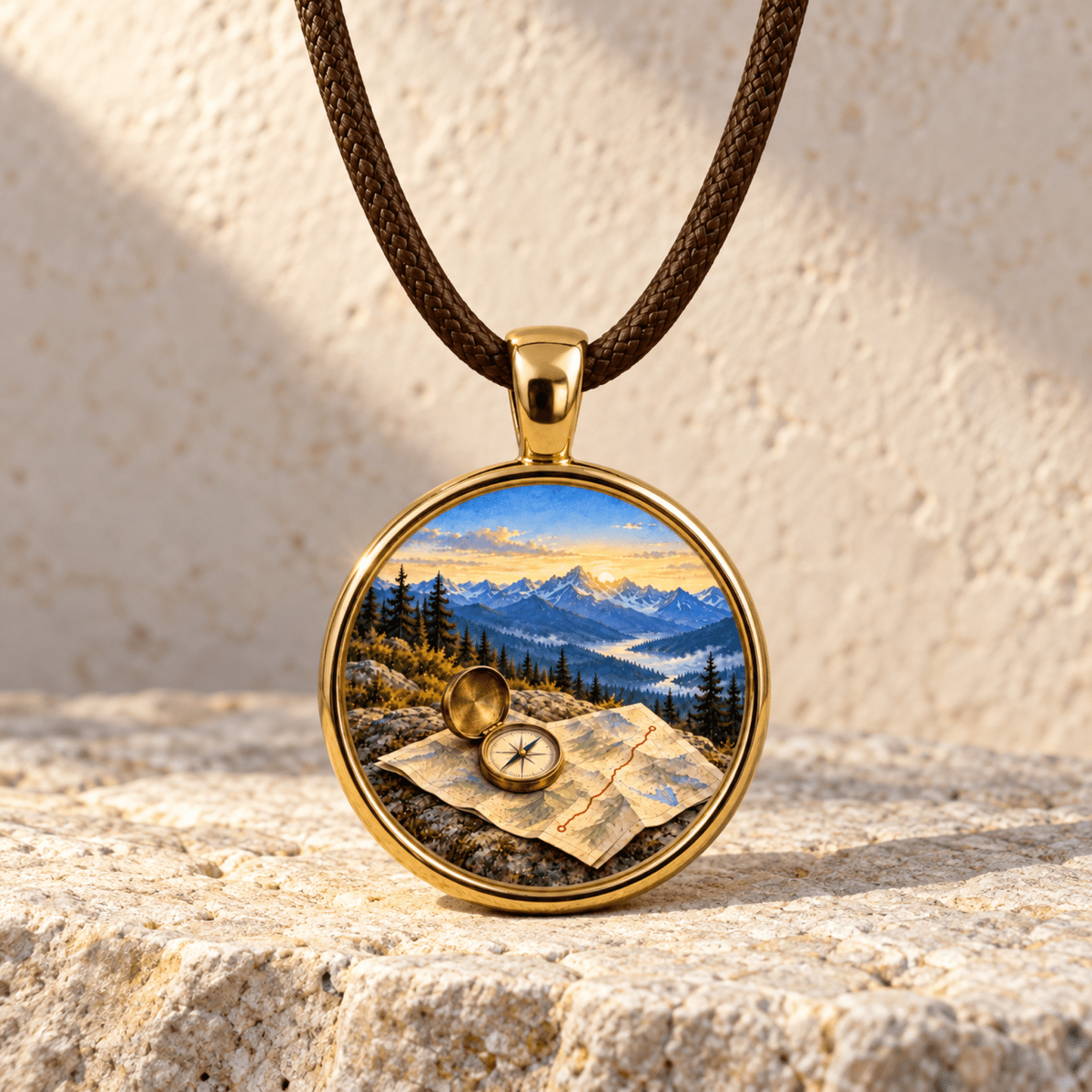 The Trail Before Dawn | Story Pendant Necklace from the Wanderland collection, featuring a gold pendant with a miniature circular illustration of a compass resting on a map before a mountain landscape.
