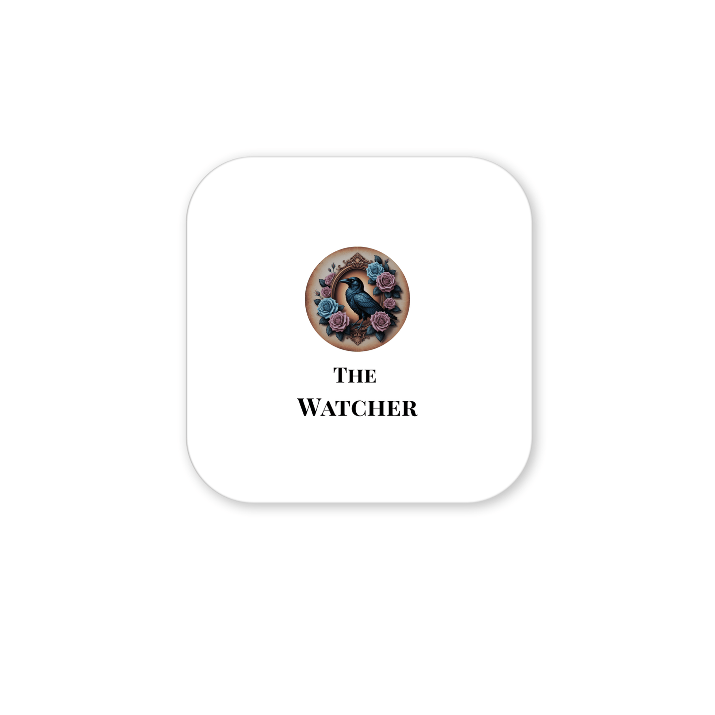 A black bird sits among pink and blue roses in a round frame above “THE WATCHER” on this white, rounded-square magnet from Mirabilia Boutique—a striking Dead Regency gothic fridge decor or dark academia gift.