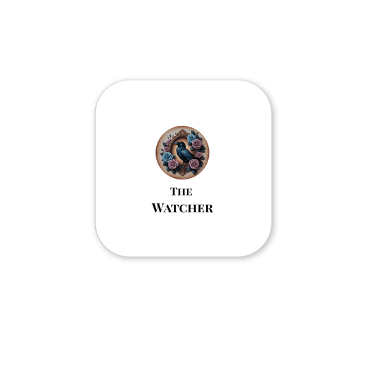 A black bird sits among pink and blue roses in a round frame above “THE WATCHER” on this white, rounded-square magnet from Mirabilia Boutique—a striking Dead Regency gothic fridge decor or dark academia gift.