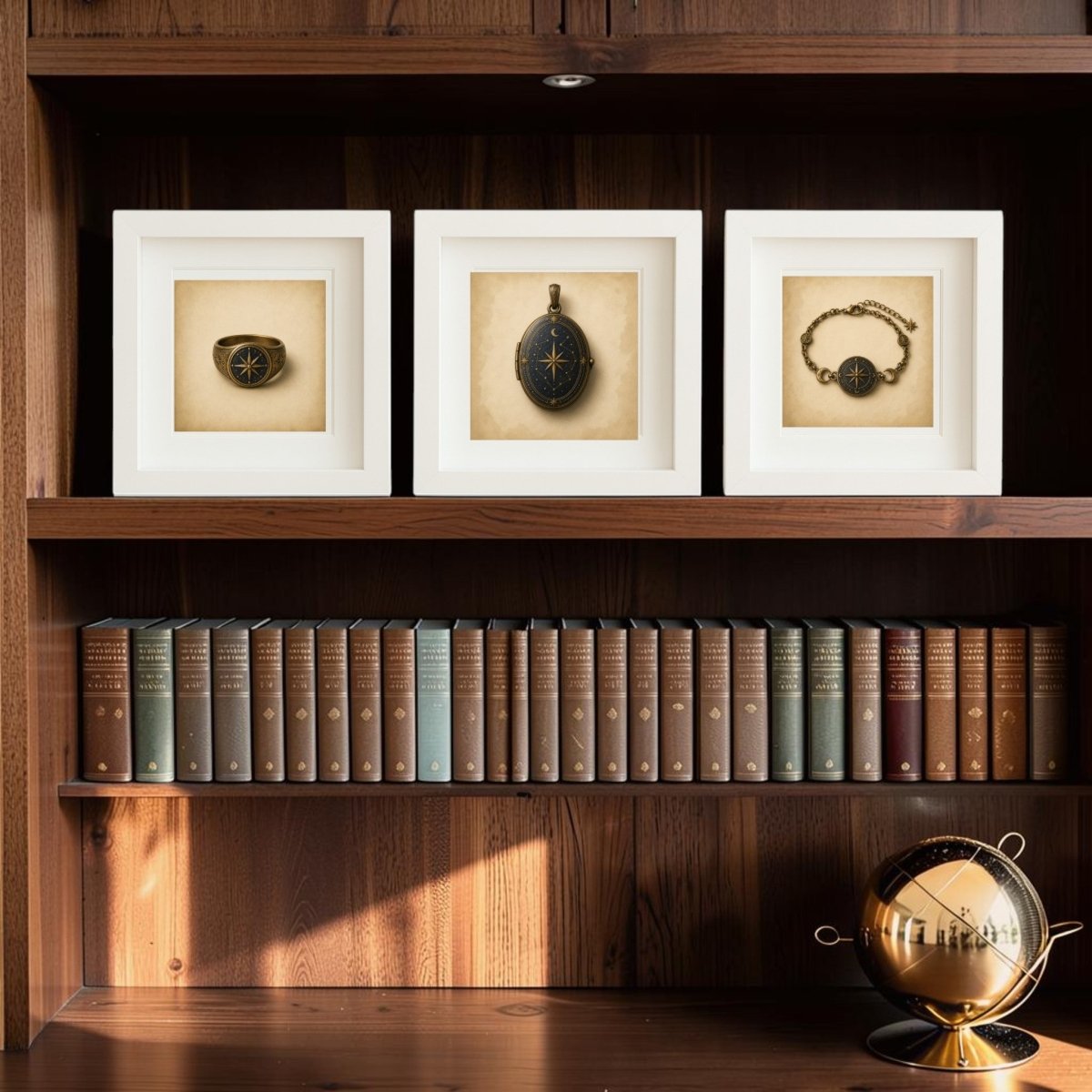 Sure! Here’s a rewritten sentence using your product data: A collectible trio of “The Wayfinder | Mirabilia Relics” framed canvas artworks from Mirabilia Boutique—featuring antique pocket watches with a star compass motif and an elegant bracelet—are showcased on a wooden shelf above vintage books, while a golden desk globe sits below.