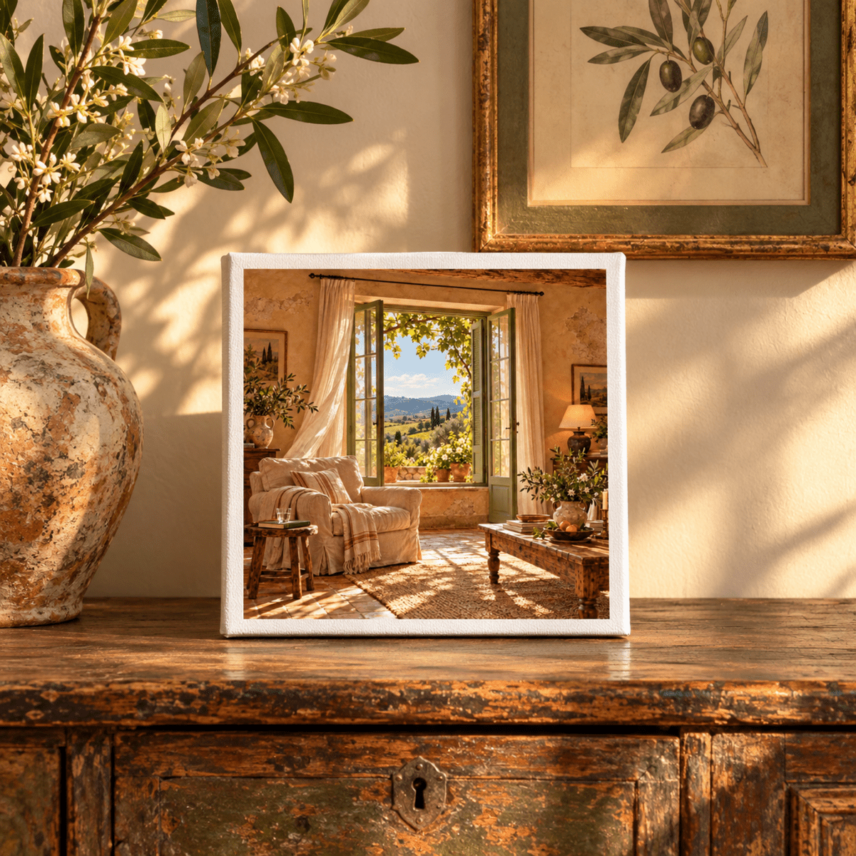 The Windows Are Open Canvas Art | Ochre & Cypress is an 8x8 inch canvas print of a sunlit Tuscan sitting room with open French doors overlooking a rolling countryside landscape.