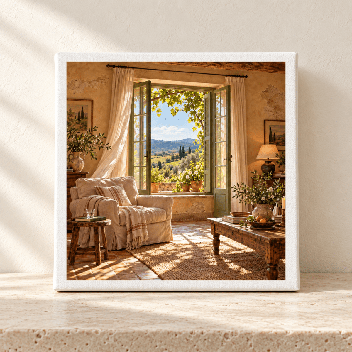 The Windows Are Open Canvas Art | Ochre & Cypress, a sunlit Mediterranean Tuscan sitting room with an open window overlooking a hillside vineyard.