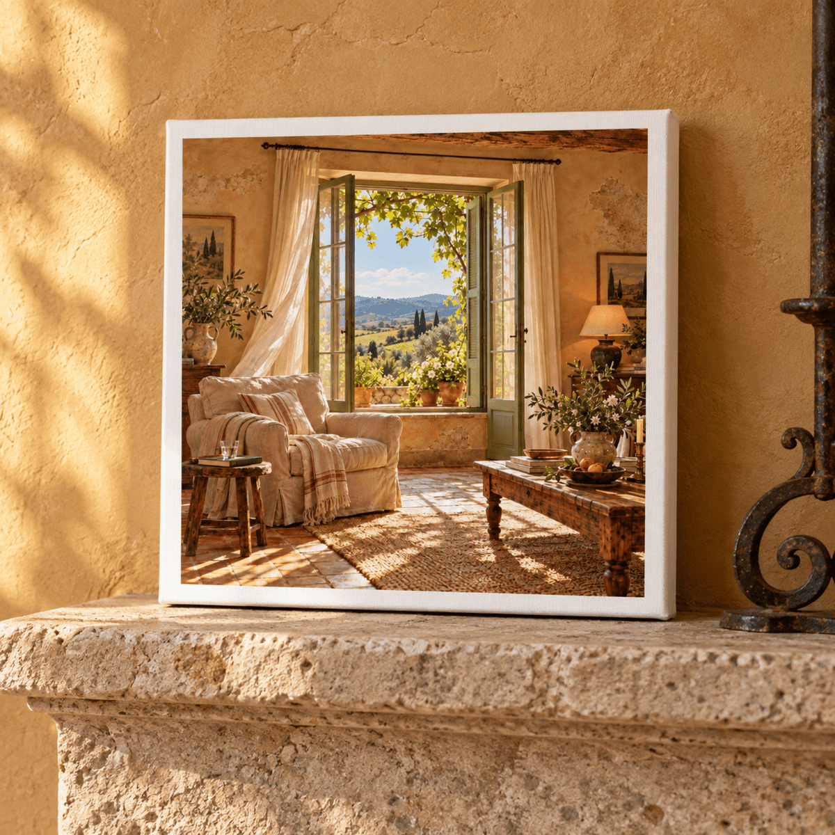 The Windows Are Open Canvas Art | Ochre & Cypress is an 8x8 inch canvas print of a sunlit Tuscan sitting room with an open window looking out onto a rolling countryside landscape.