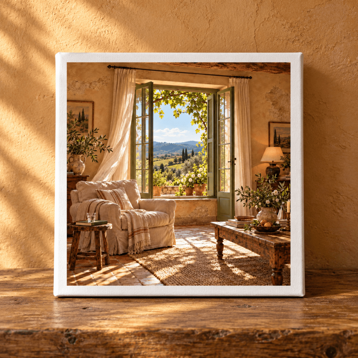 The Windows Are Open Canvas Art | Ochre & Cypress, a print of a sunlit Tuscan sitting room with an open window overlooking a rolling countryside landscape.