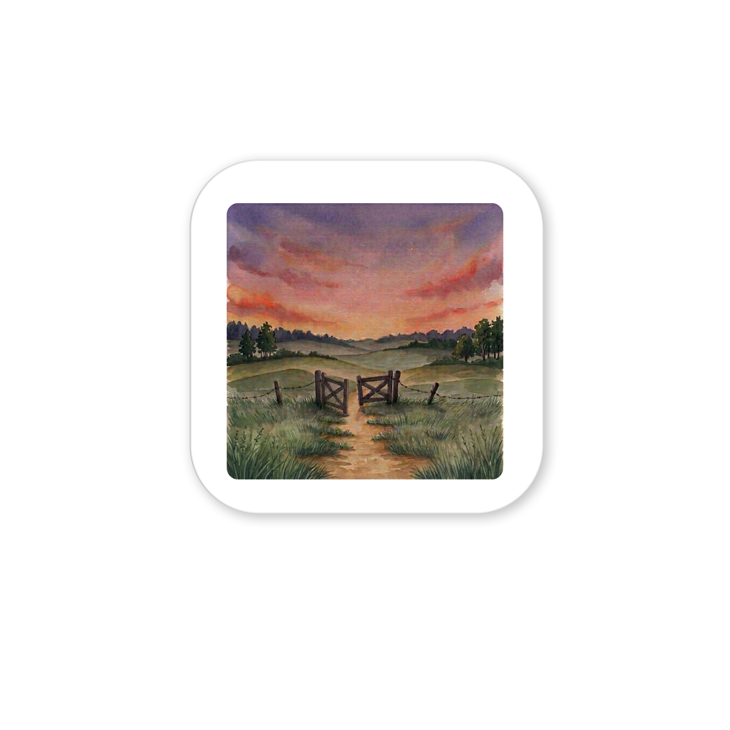 A dirt path winds through tall grass toward a wooden fence and gate, framed by distant trees beneath a vivid, dramatic sunset—an inspiring and tranquil scene beautifully depicted in the Mirabilia Boutique “There Is More Sunset Landscape Magnet | Inspirational Art.”.