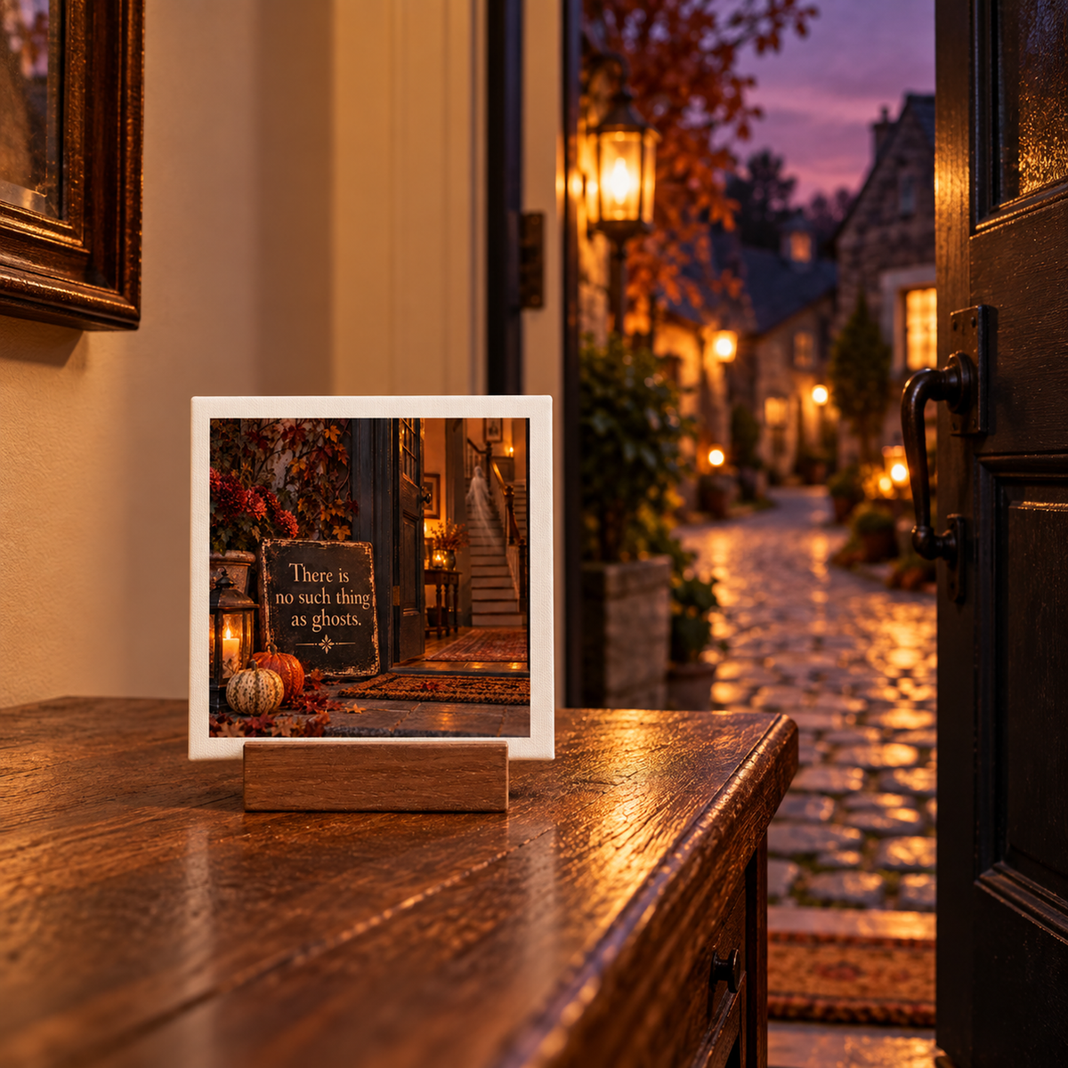 The Mirabilia Boutique There Is No Such Thing as Ghosts Mini Canvas Sign sits framed on a wooden table near an open door, with lantern-lit cobblestone path and autumn decor glowing at dusk.
